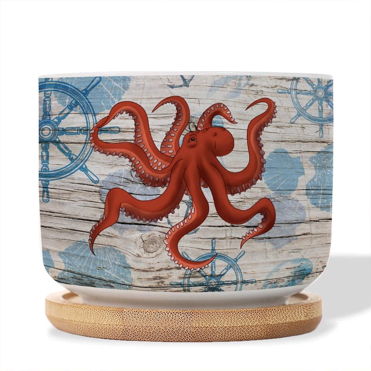 Beach Sea Ocean Animal Octopus Succulent Planters Set of 5 Small Ceramic Pots for Plants with Drainage Holes and Bamboo Tray Ocean Decor Nautical Ceramic Planters for Indoor Plants