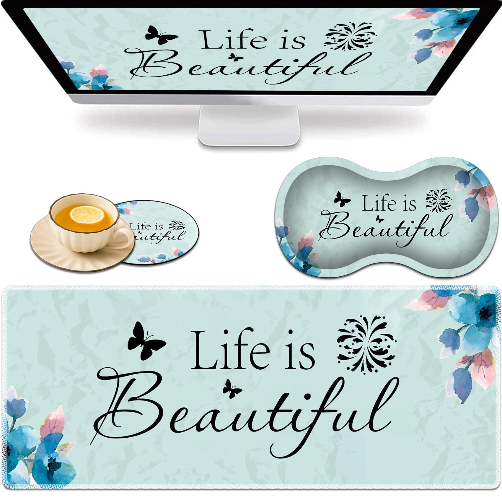 Large Game Mouse Pad + Wrist Support Pad + Coffee Coaster, Life is Beautiful Foldable Table Mat with Stitched Edge, Non-Slip Set Pad Suitable for Office Work and Home