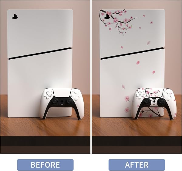 playvital Full Set Skin Sticker for ps5 Slim Console Digital Edition (The New Smaller Design), Vinyl Skin Decal for ps5 Controller & Headset & Charging Station & Media Remote - Falling Cherry Blossom - 4