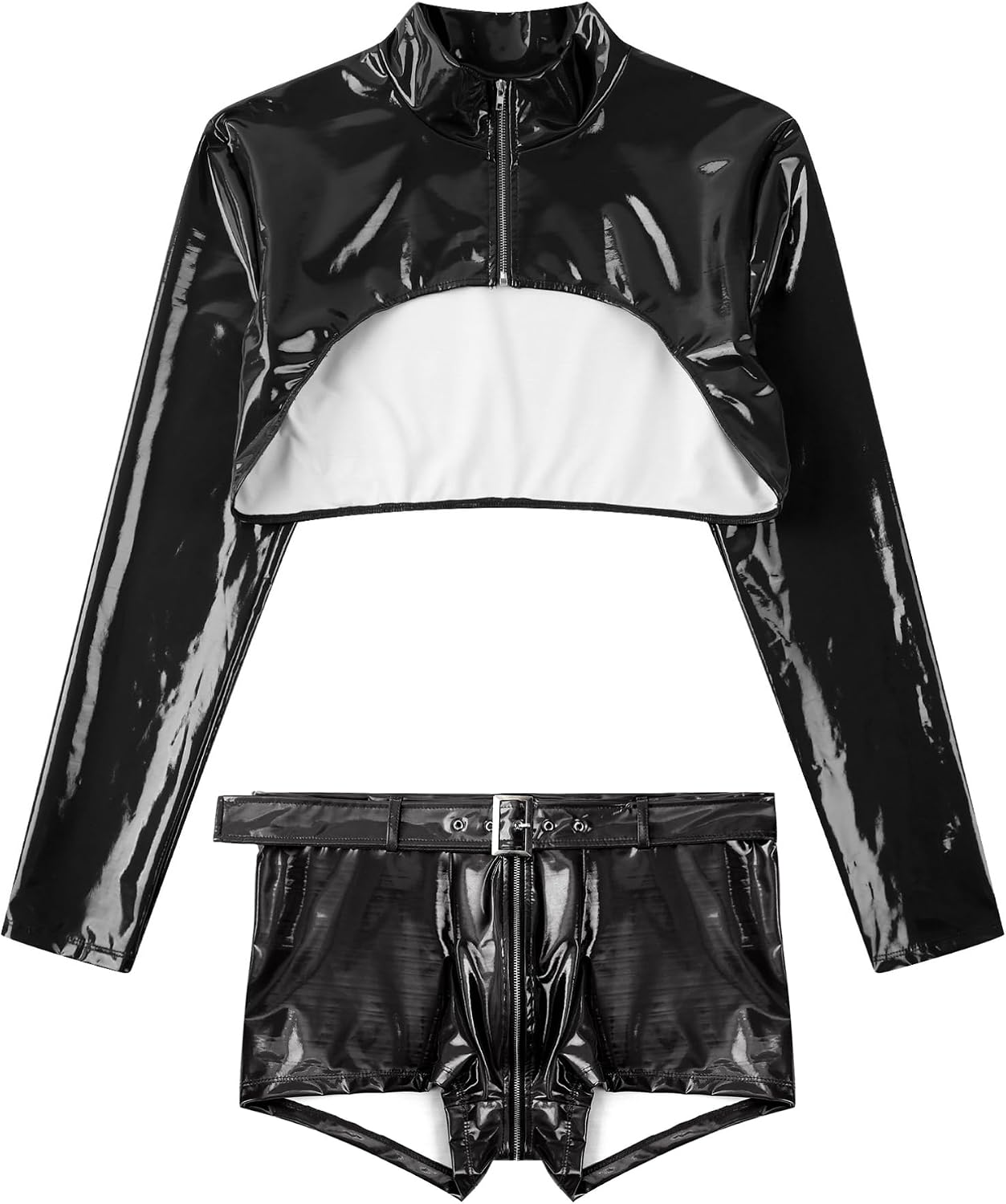 TiaoBug Men's Sexy Glossy Patent Leather Outfits Long Sleeve Crop Top And Zipper Crotch Boxer Shorts