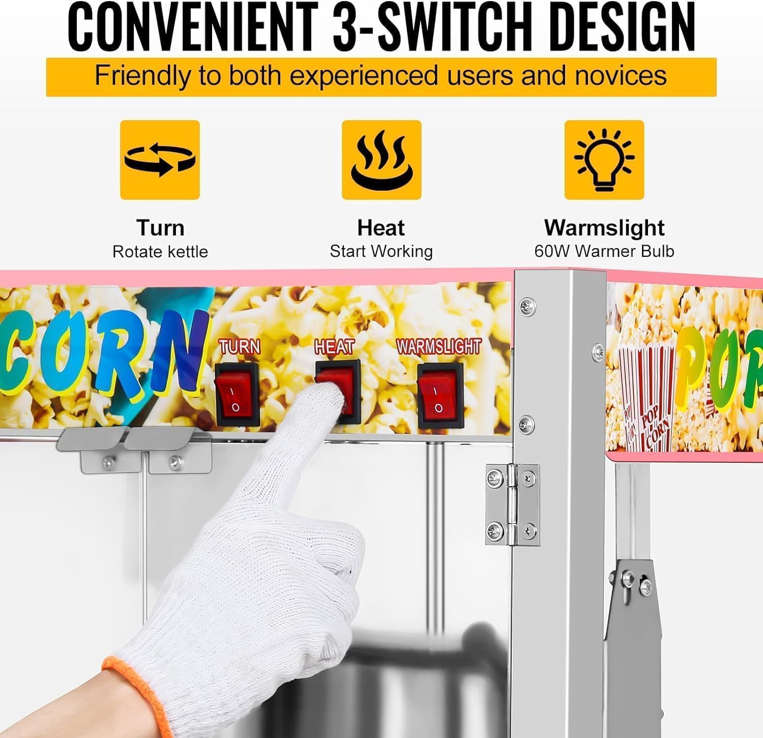 Popcorn Machine, Commercial Popcorn Popper Machine with 8Oz Kettle Makes up to 48 Cups, Countertop Popcorn Maker Movie Theater Style with 3 Switch Controls, Pink