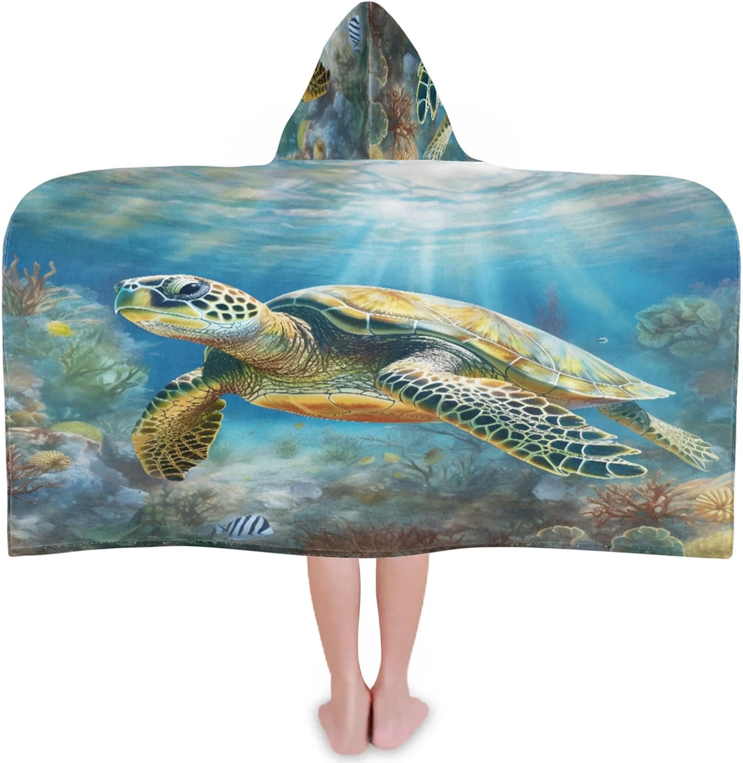 Turtle Print Hooded Towels for Kids Absorbent Soft Pool Swim Beach Bath Towel for Boys Girls, 24 in x 50 in