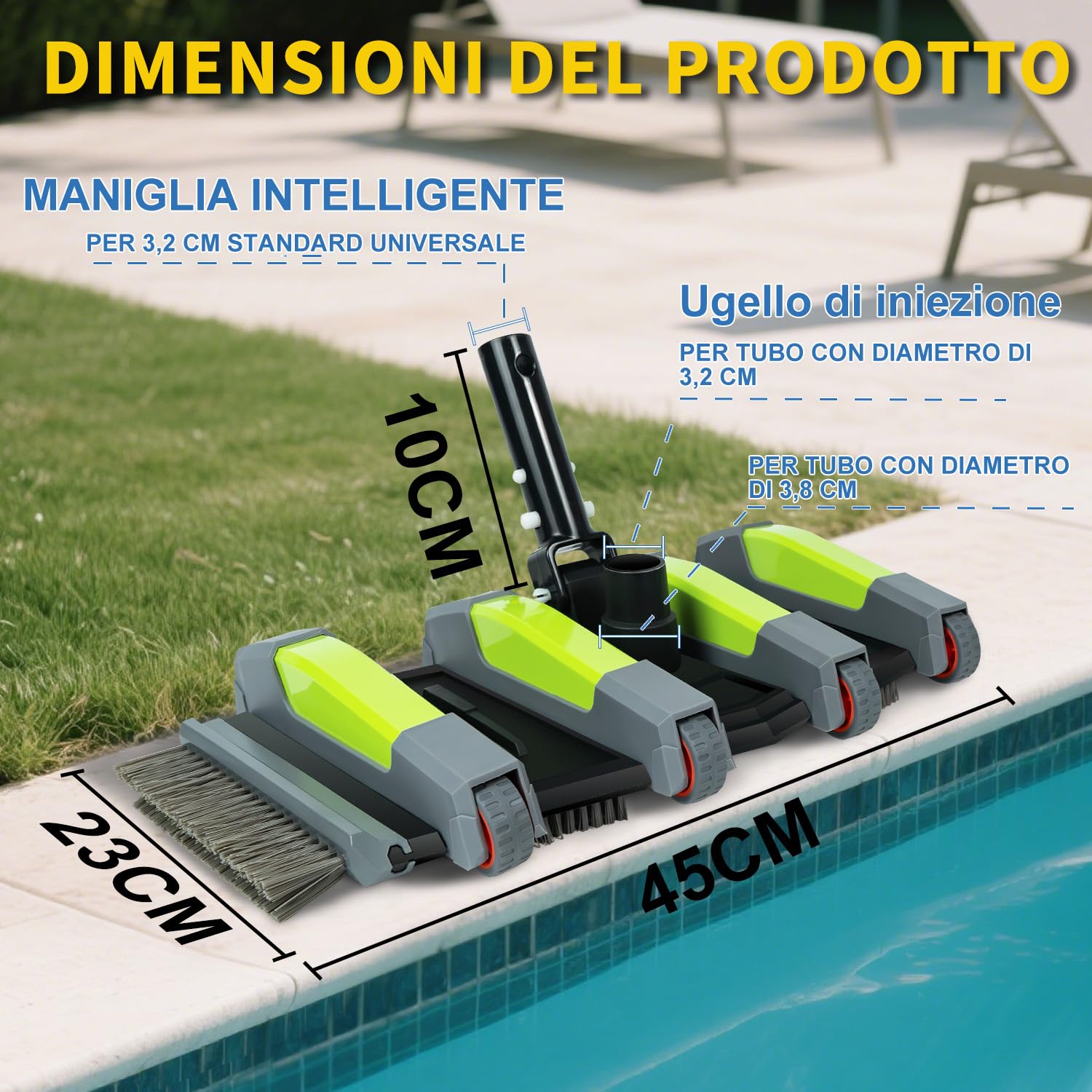 Spazzola Aspirafango Piscina 45 cm con Ruote, Spazzola Aspiratore Piscina con Attacco Aspirazione, Spazzola Fondo Piscina Flessibile con Spazzole Laterali, Compatibile con Tubi 3.2 cm e 3.8 cm