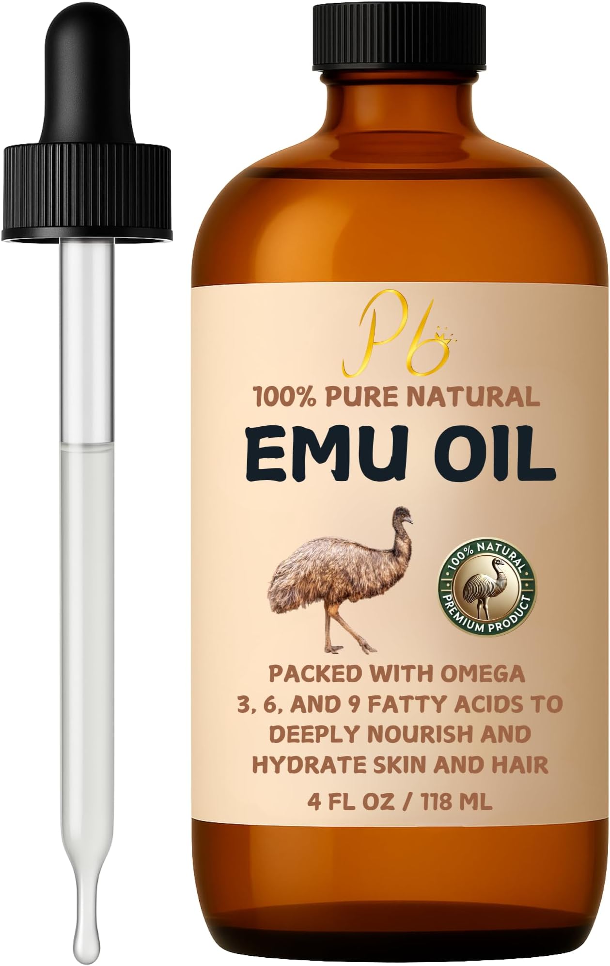 Pomberries Emu Oil, 100% Pure Australian Emu Oil โ Refined & Unscented โ Natural Moisturizer for Hair, Skin, Face & Body โ Helps with Scars, Dry Skin & Massage โ 4 fl oz Glass Bottle