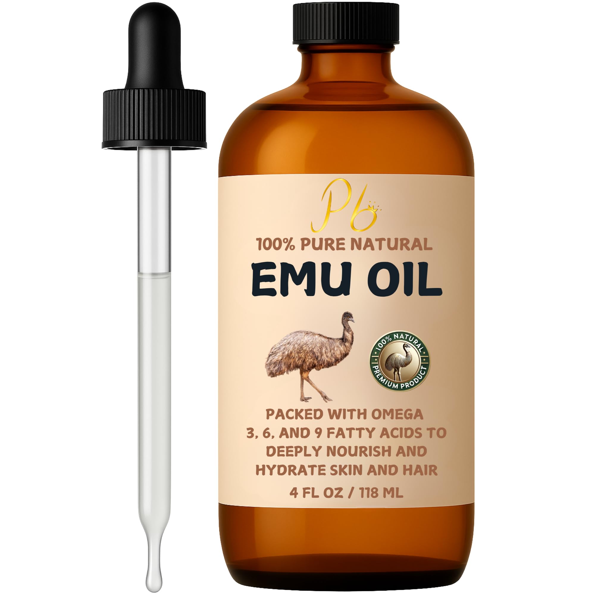 Emu Oil, 100% Pure Australian Emu Oil – Refined & Unscented – Natural Moisturizer for Hair, Skin, Face & Body – Helps with Scars, Dry Skin & Massage – 4 fl oz Glass Bottle