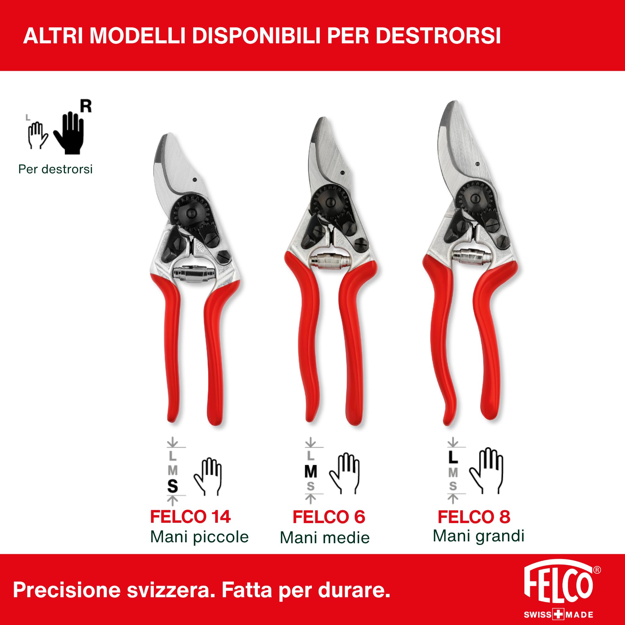FELCO 7 forbice bypass per destrimani con manico rotante, lama in acciaio temprato 45 mm, manici in alluminio forgiato, ergonomia per mano grande, taglio potente 25 mm