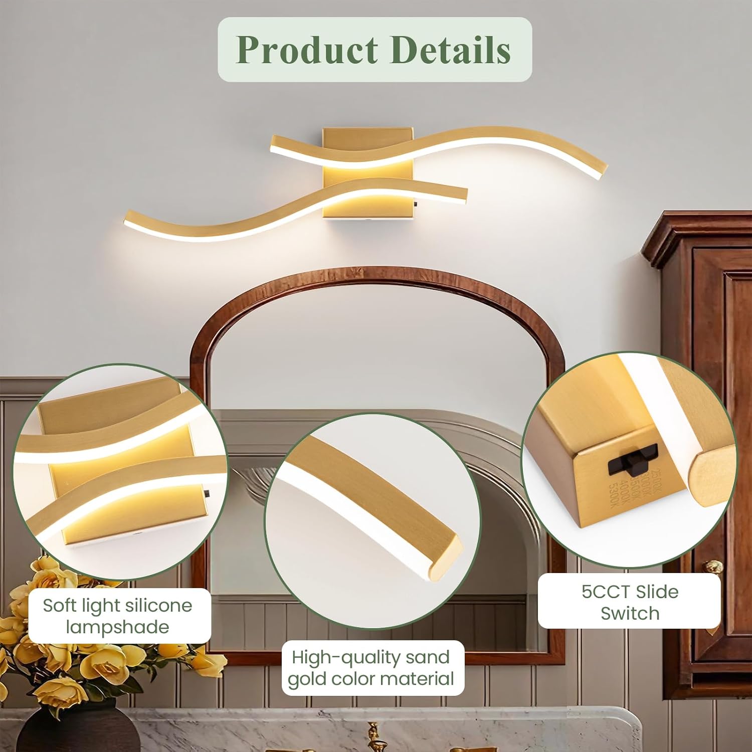 Bathroom Vanity Light Fixture, 26W 5CCT Dimmable Modern Led Bathroom Light Fixtures Over Mirror, Gold LED Vanity Lighting Bar for Bathrooms (Gold, 24inch)