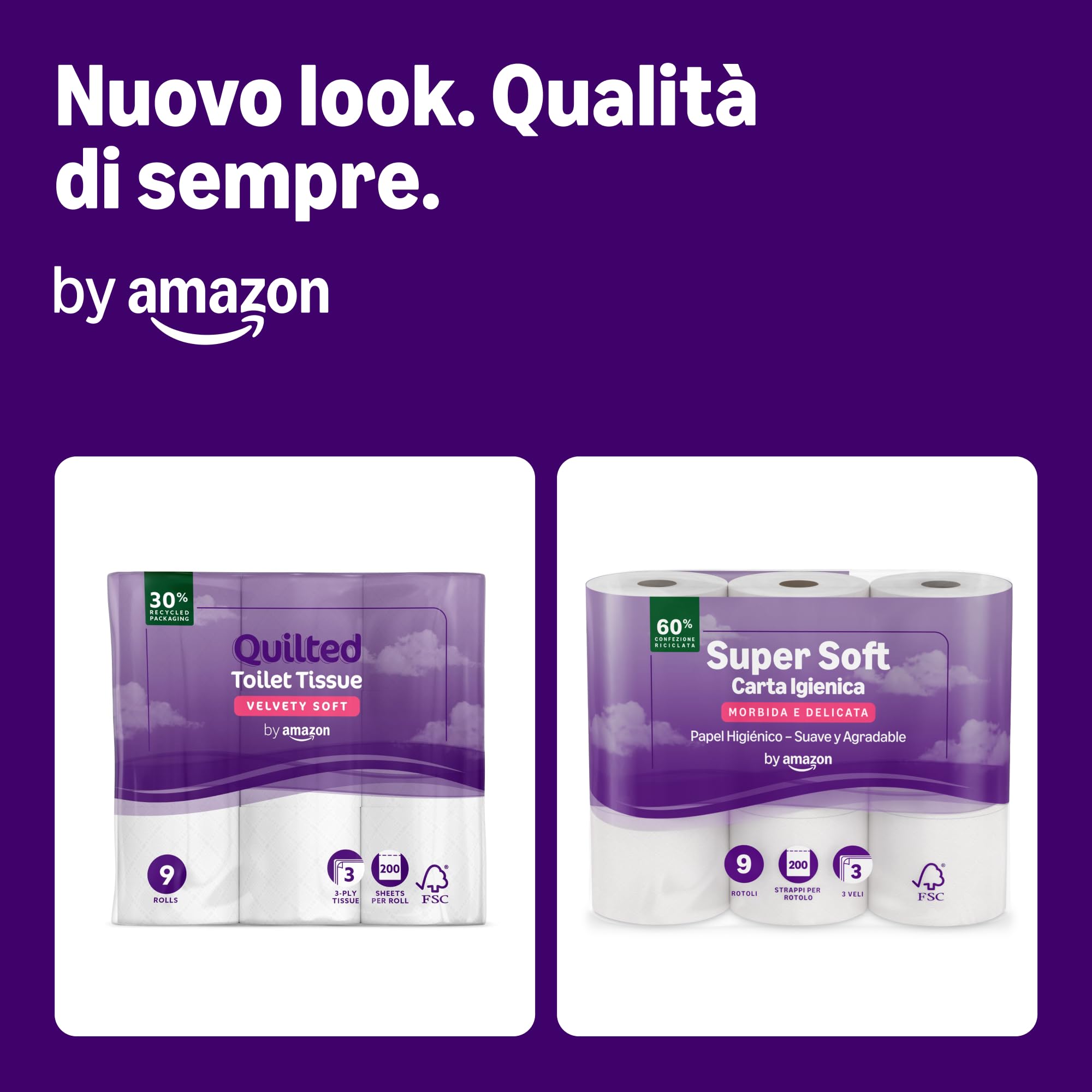 by Amazon Carta Igienica, 3 Veli Trapuntata, Morbida e Setosa, 36 Rotoli (4 Confezioni da 9), 200 Fogli per Rotolo, Certificata FSC