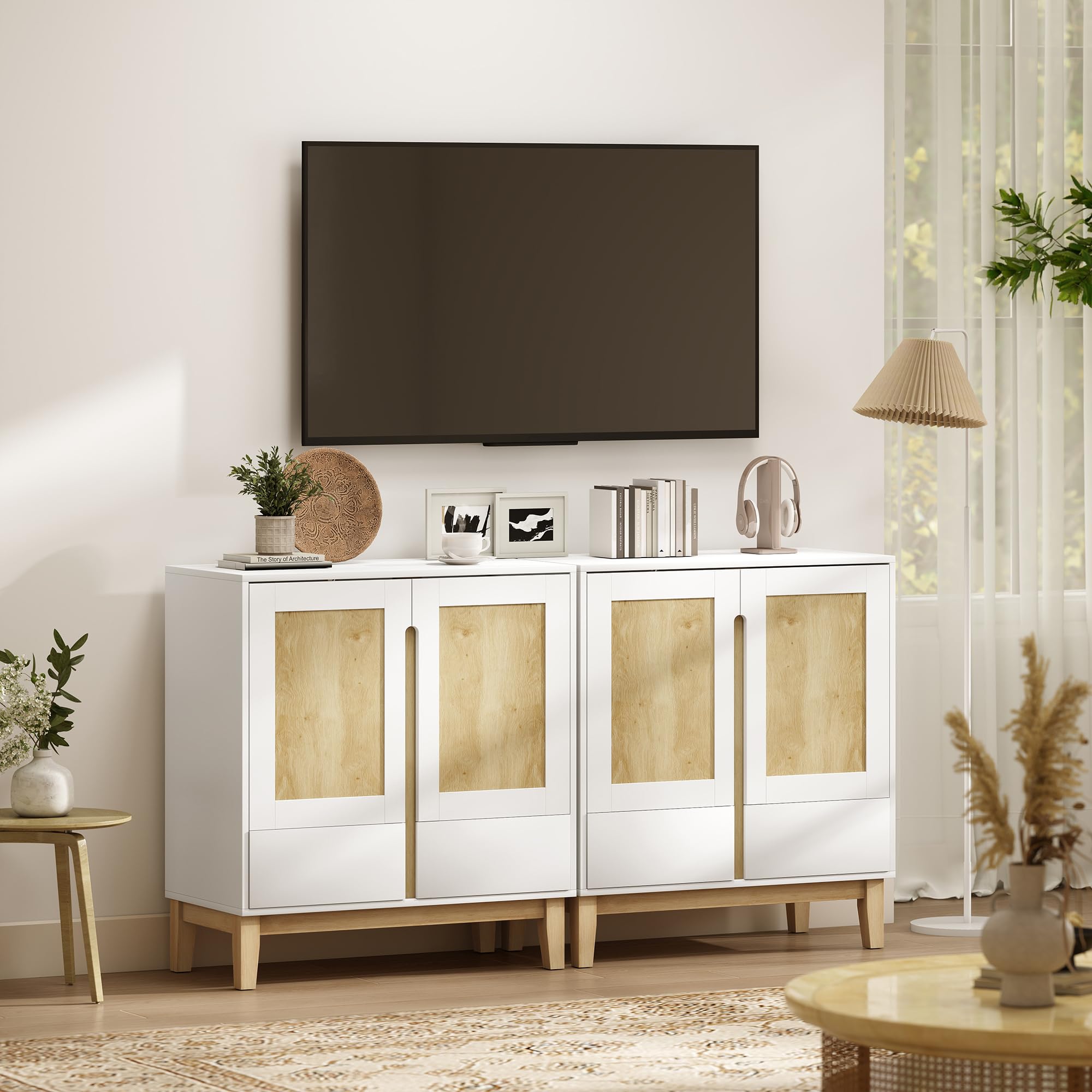 HOMCOM Buffet 2 Portes 2 Tiroirs Nordique 80 x 40 x 86 cm Blanc et Chêne | Meuble de Rangement, Étagère Réglable, Pieds en Bois de Caoutchouc, Buffet Salle à Manger, Cuisine et Salon
