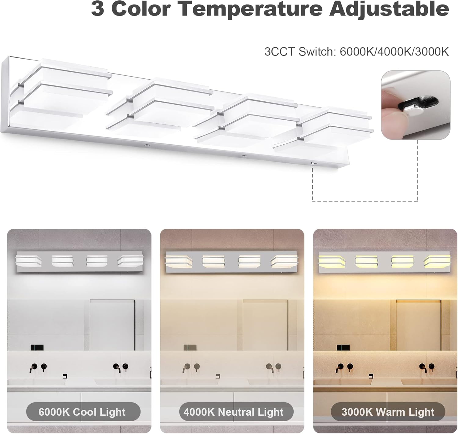 3 Color Temperature Dimmable Vanity Lights for Bathroom, LED Chrome 4 Light Vanity Light Fixtures, Acrylic Stainless Steel Square Shade Bathroom Light Fixtures Over Mirror, ETL Certificated