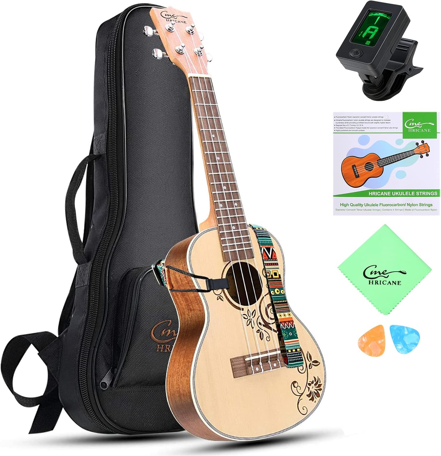 Concert Ukulele 23 Inch Spruce Flower Top Sapele Professional Ukuleles for Beginners with Bag, Digital Tuner, Strap, 4 Strings Set, Pick, Cleaning Cloth