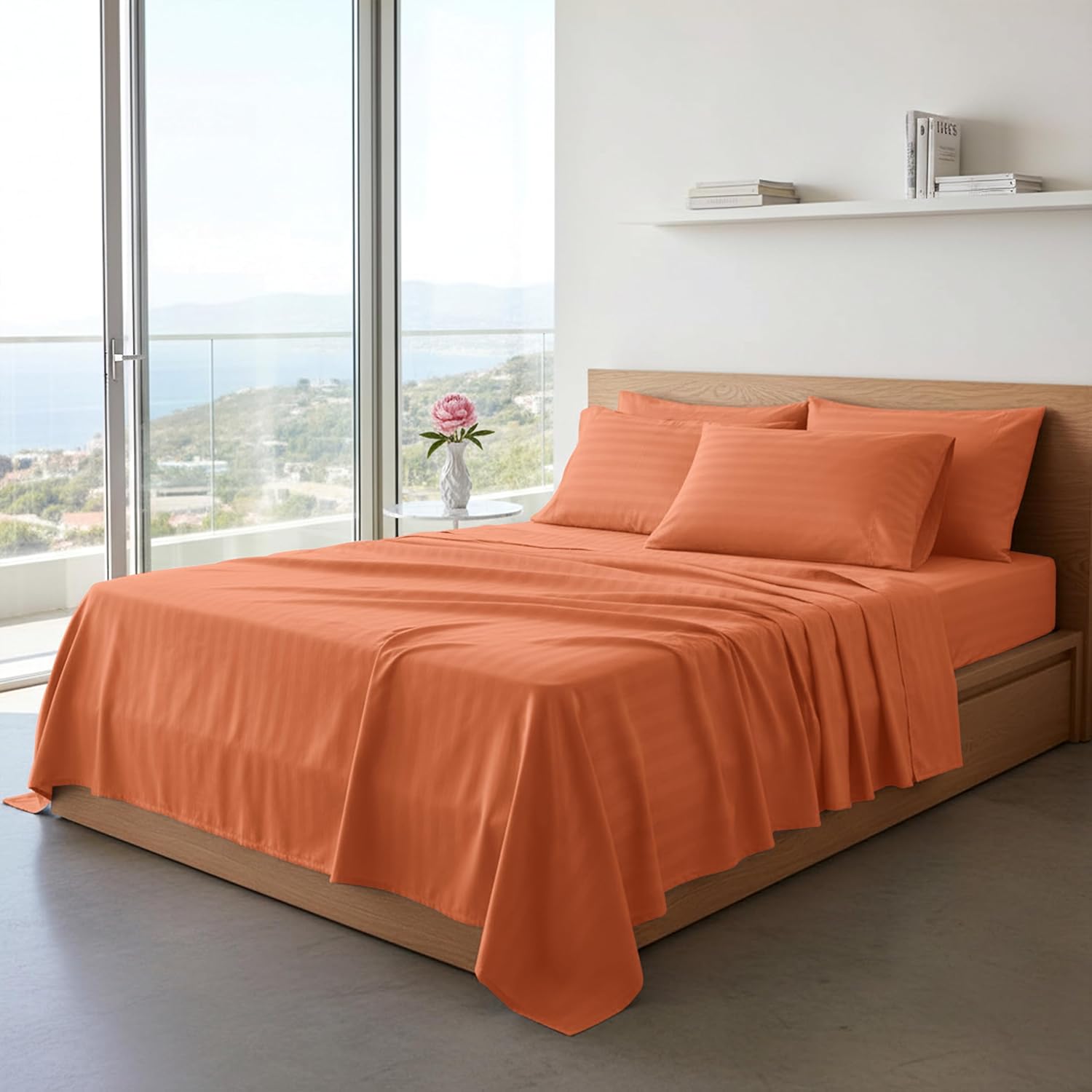 Elegant Comfort Super Silky Soft - 1500 Premium Hotel Quality Luxurious Wrinkle, Fade, Stain Resistant 6-Piece Stripe Bed Sheet Set, King, Coral
