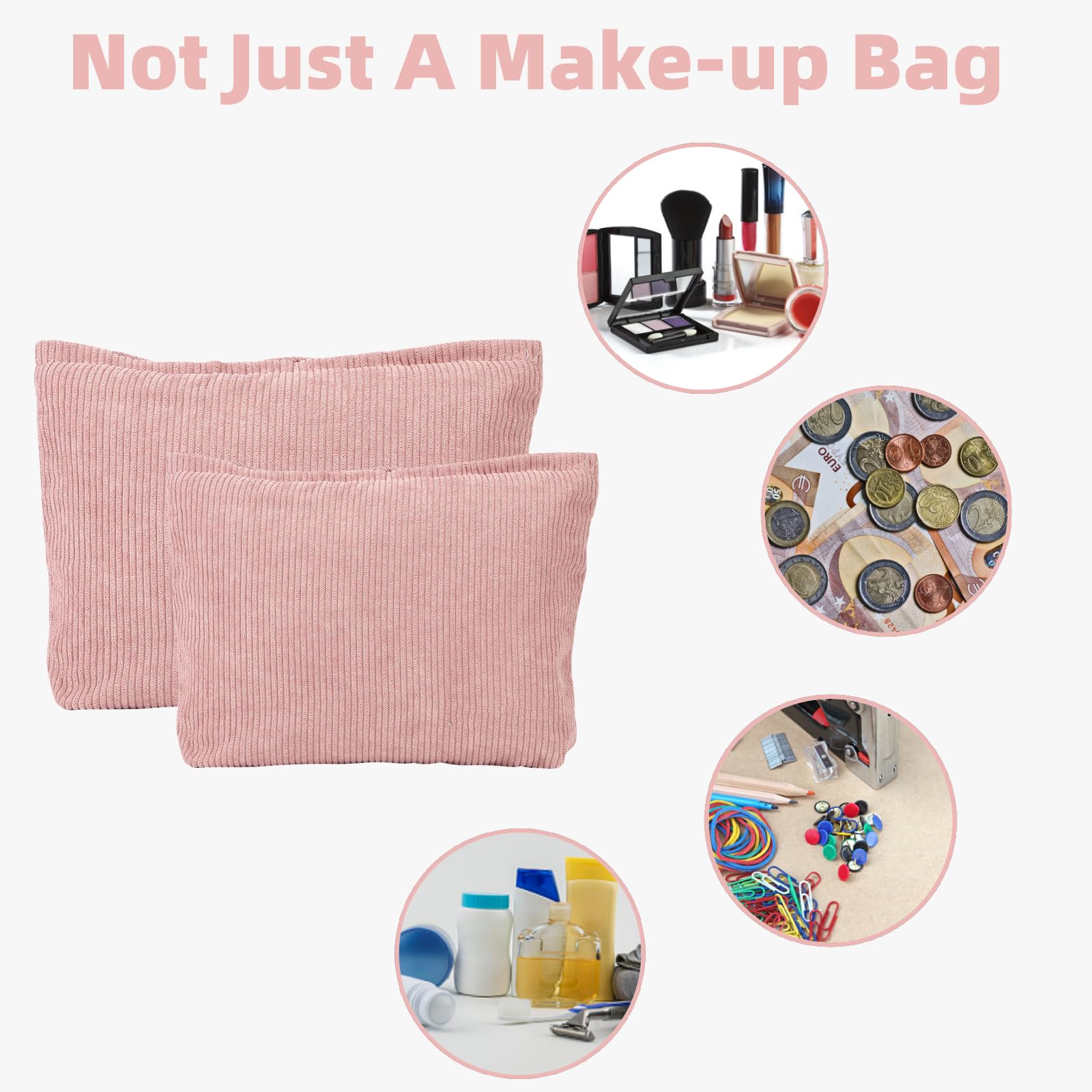 2 Pezzi Pochette Trucchi, Bustina Portatutto in Tela, Porta Trucchi da Borsa e Viaggio con Cerniera, Beauty Cosmetica Makeup Bag - Rosa (1 Grande + 1 Piccolo)