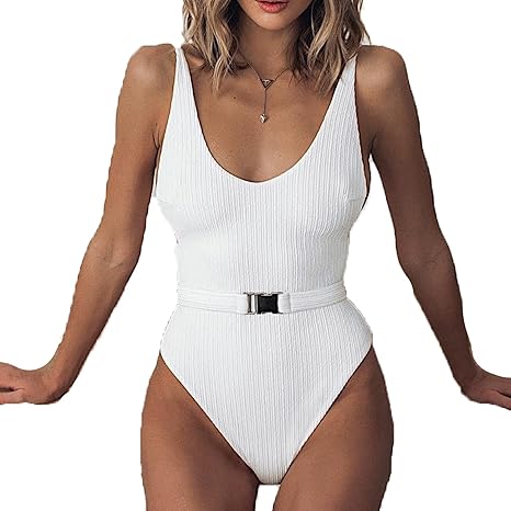 Amazon Co Jp レディースワンピース水着 ソリッドカラー特殊布ベルトバックルワンピースビキニ 白 Small ホーム キッチン