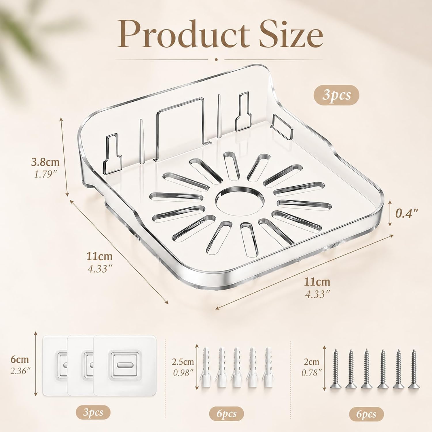 3Pcs Wall Mount Floating Shelves, Wall Mount Camera Shelf, Clear Mini Flexible Shelf, Adhesive Display shelves, Small Wall-Shelf with Screws and Adhesive Backing for Bedroom, Bathroom (4.3x4.3Inch)