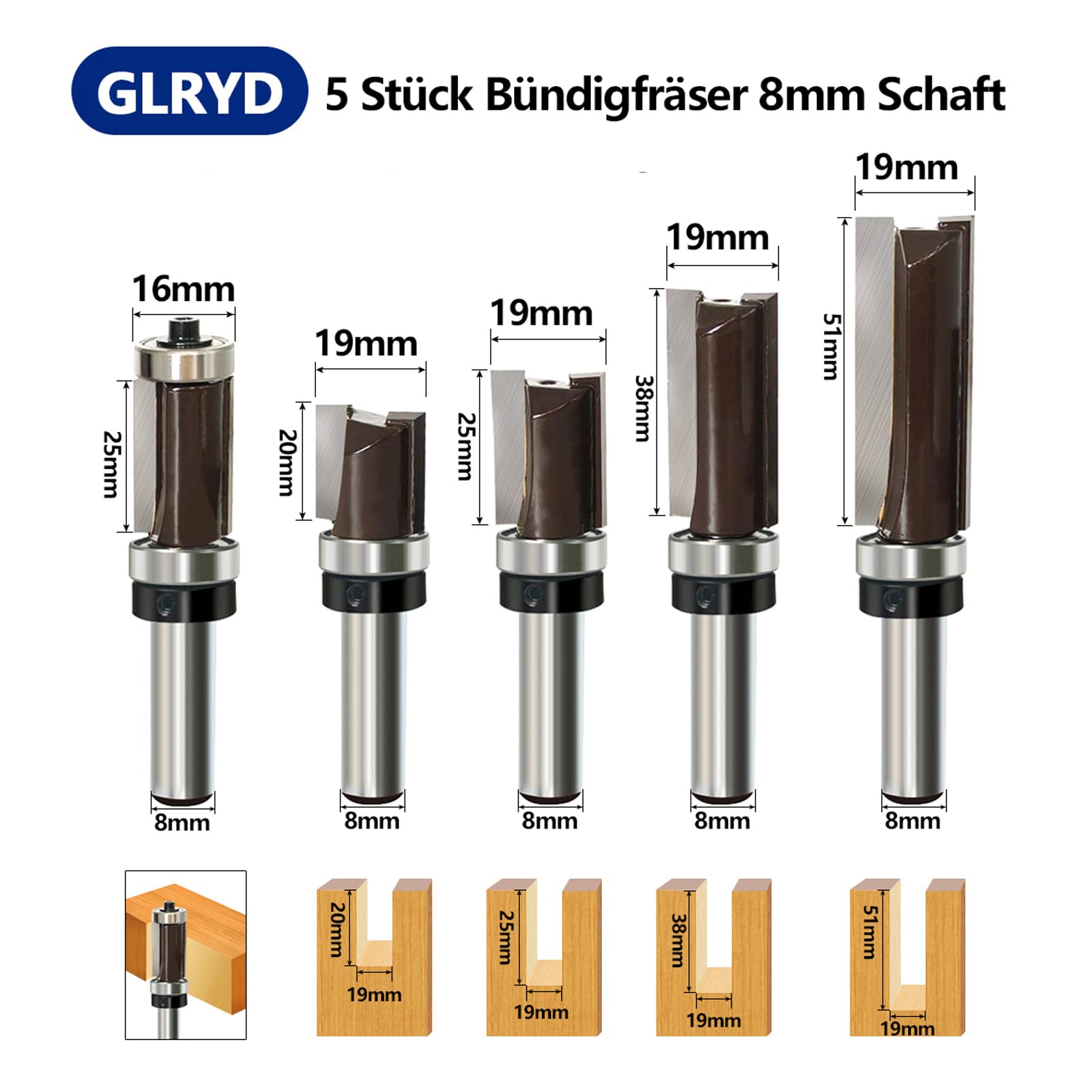 5 Stück Bündigfräser 8mm, mit Oben Anlaufring Kugellager, Kanten Kopierfräser Router Bit Set, Nutfräser/Holzbearbeitungs Schneidwerkzeug, für Holz Trimming
