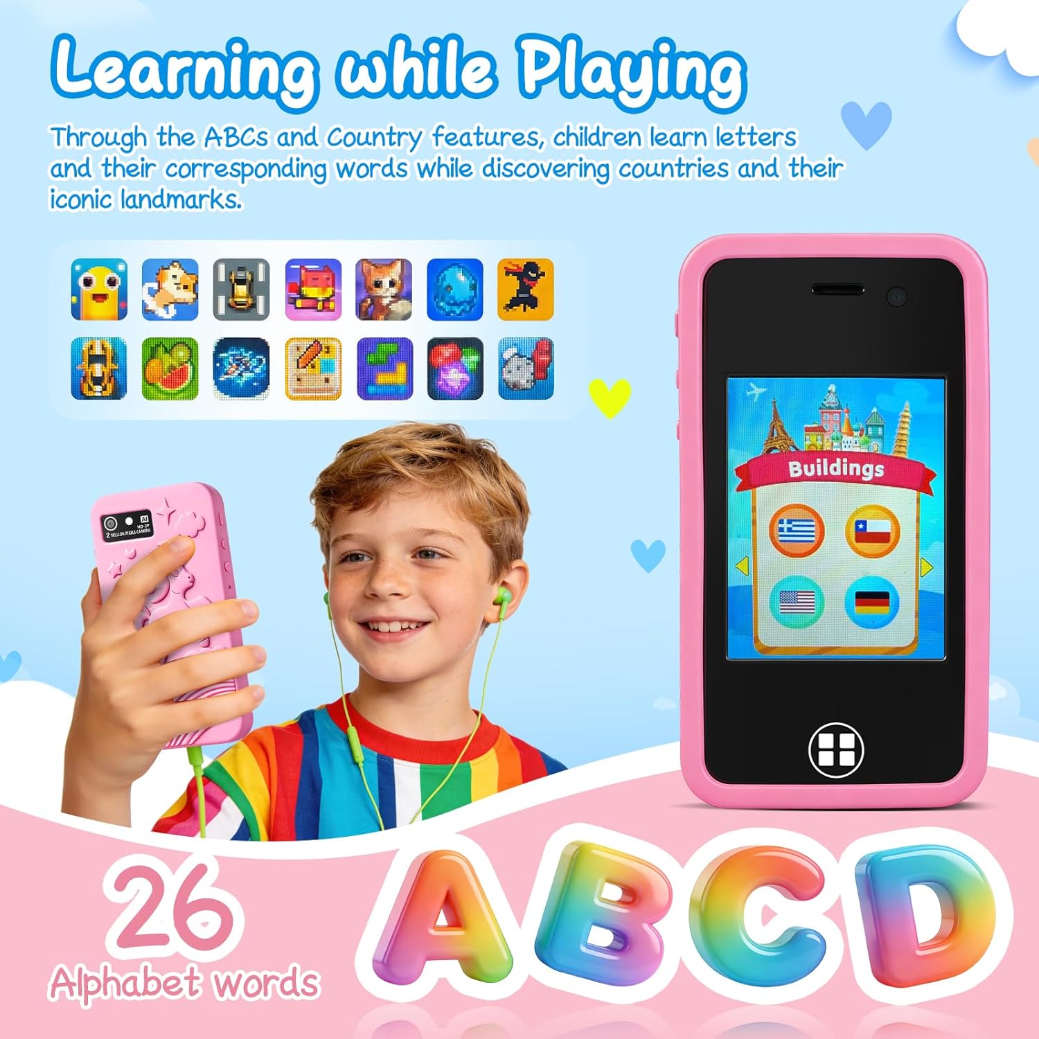 Kids Smart Phone Toy with 16GB SD Card & Drop-proof Silicon Case – 3.0” Touchscreen, Dual Camera, MP3 & 14 Educational Games – Parental Control & Habit Tracker – Christmas Birthday Gift for Boys Girls | 3.0" Touchscreen, Dual Camera, MP3, 14 Educational Games, Parental Control, Habit Tracker