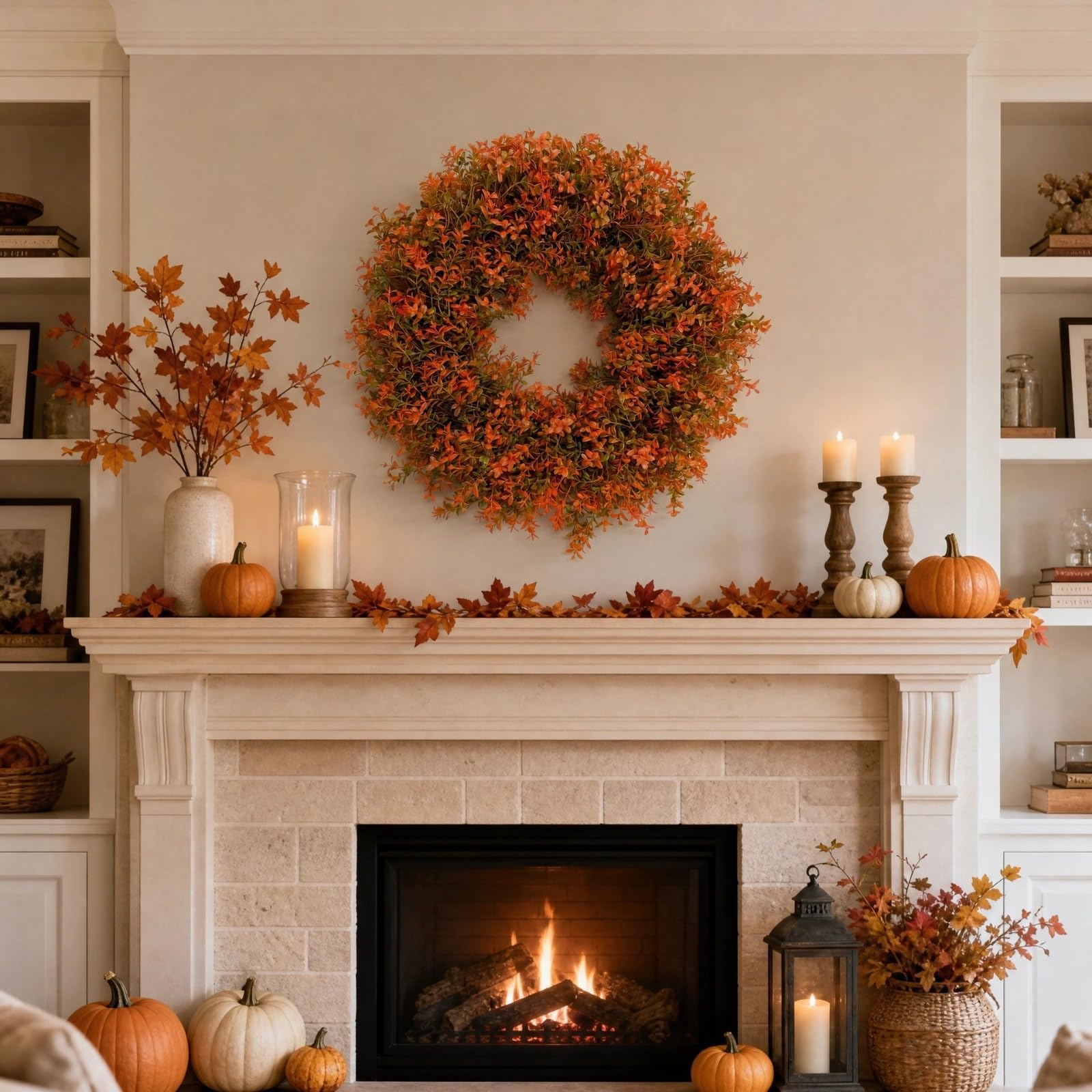 champracer Blumenkranz,Türkranz,Künstliche Buchsbaumblätter,Herbstkranz für Zuhause, Bauernhaus, Wand, Erntedankfest, Ernte, Festival, Dekoration (50cm)