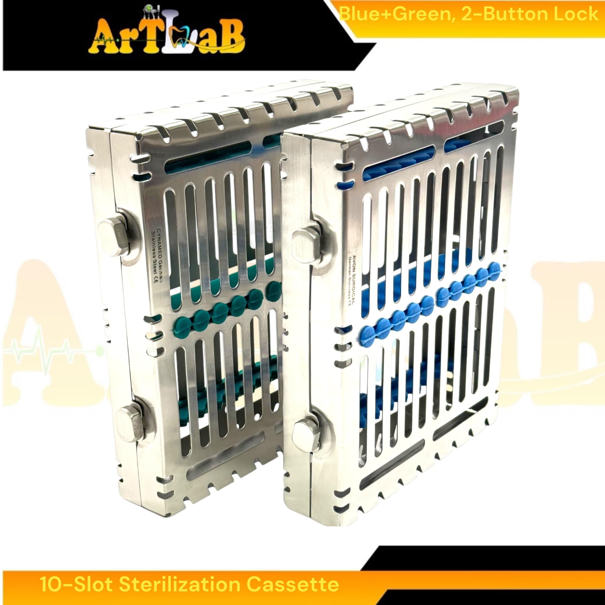 Set of 2 | Autoclave Sterilization Box with Detachable Lid & Button Locks, 10-Slot Spaces | Blue & Green Silicone Inserts| German Stainless Steel Dental Tools
