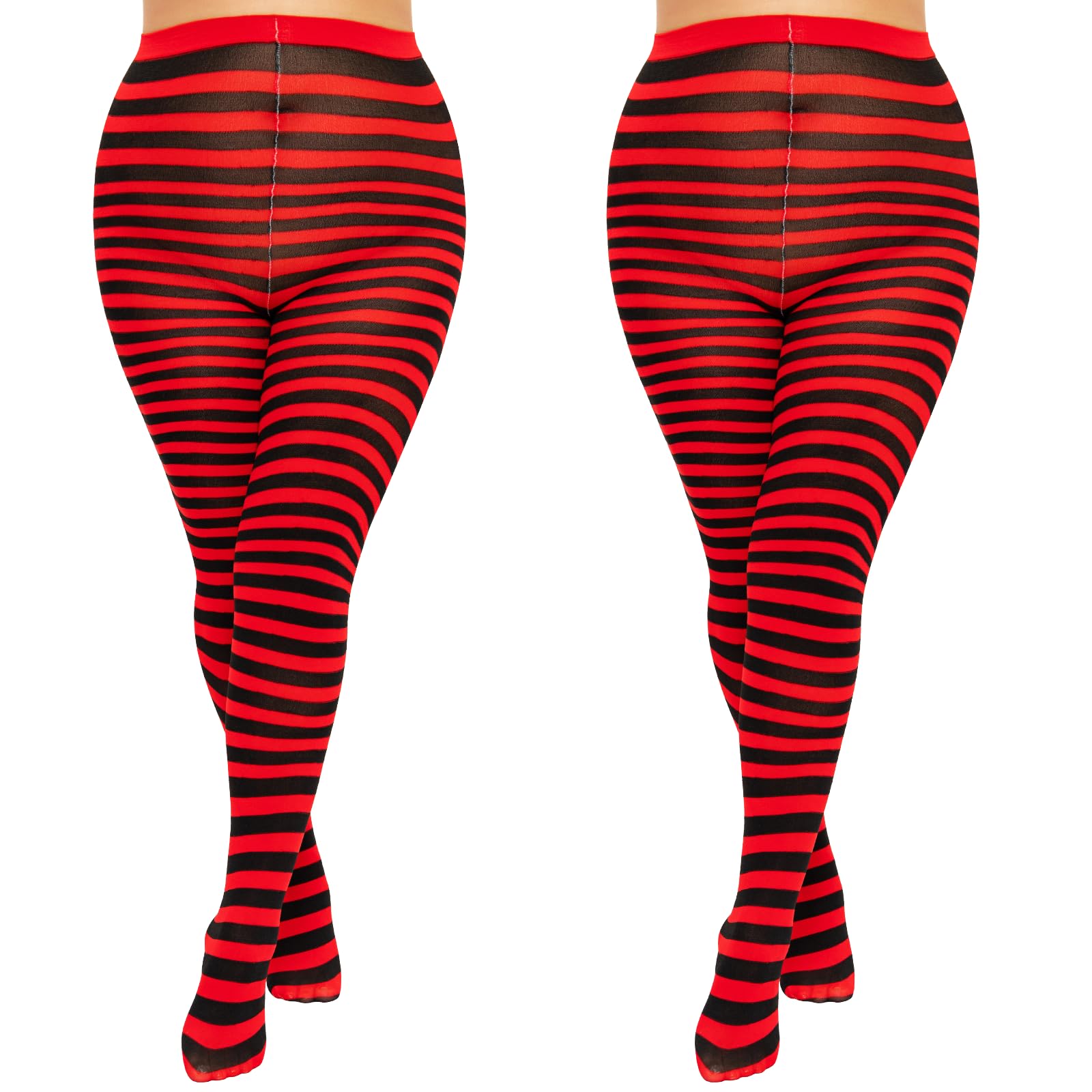 Manzi Women's Black/Red 2 Pairs Plus Size Christmas Striped Tights Fancy Dress Stripe Stocking Tights For Halloween Christmas Cosplay Costume