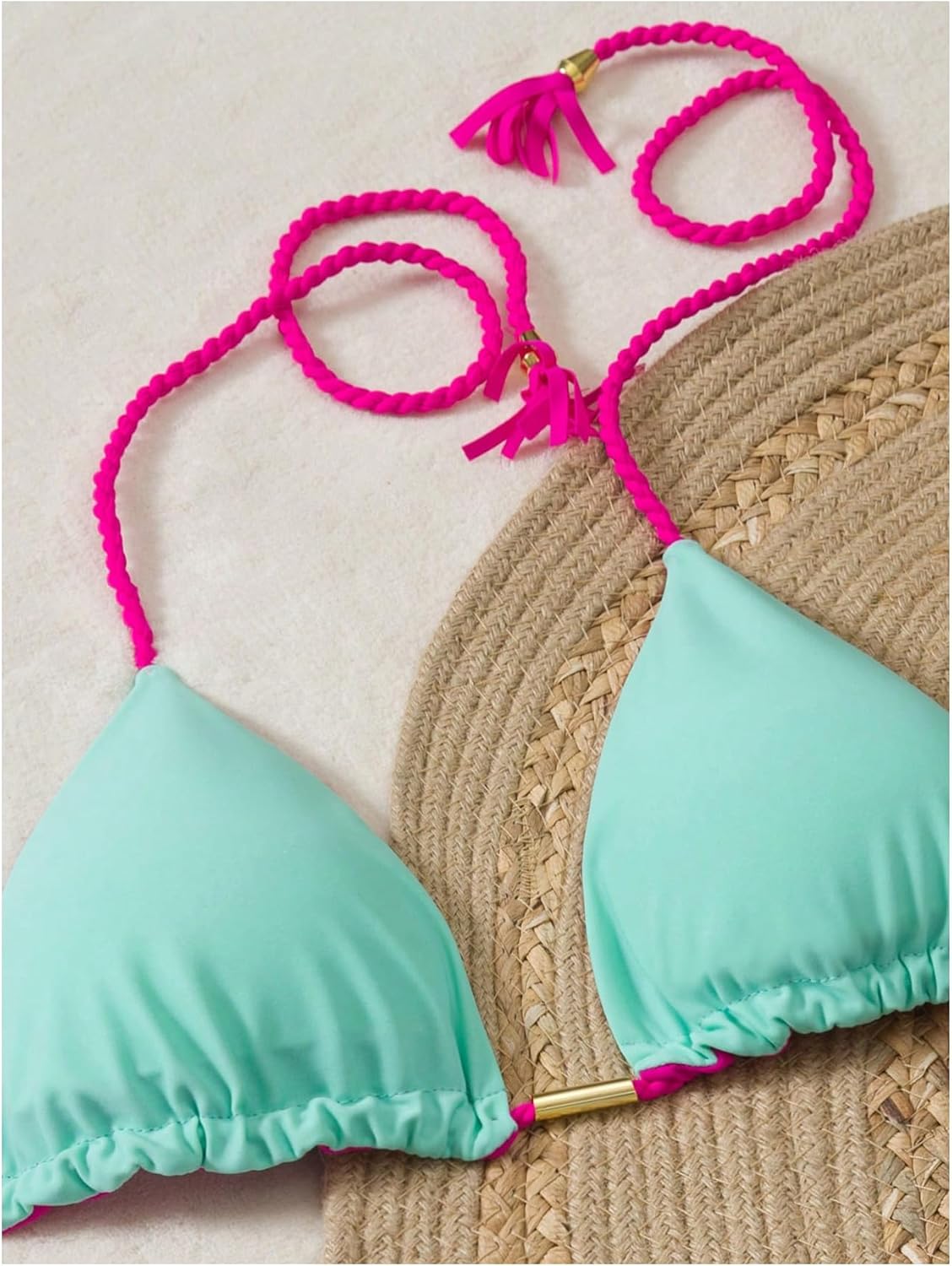 WDIRARA Women's Halter String Bikini Set Ruched 2 Piece Swimsuit Contrast Trim Thong Bathing Suit - Image 4