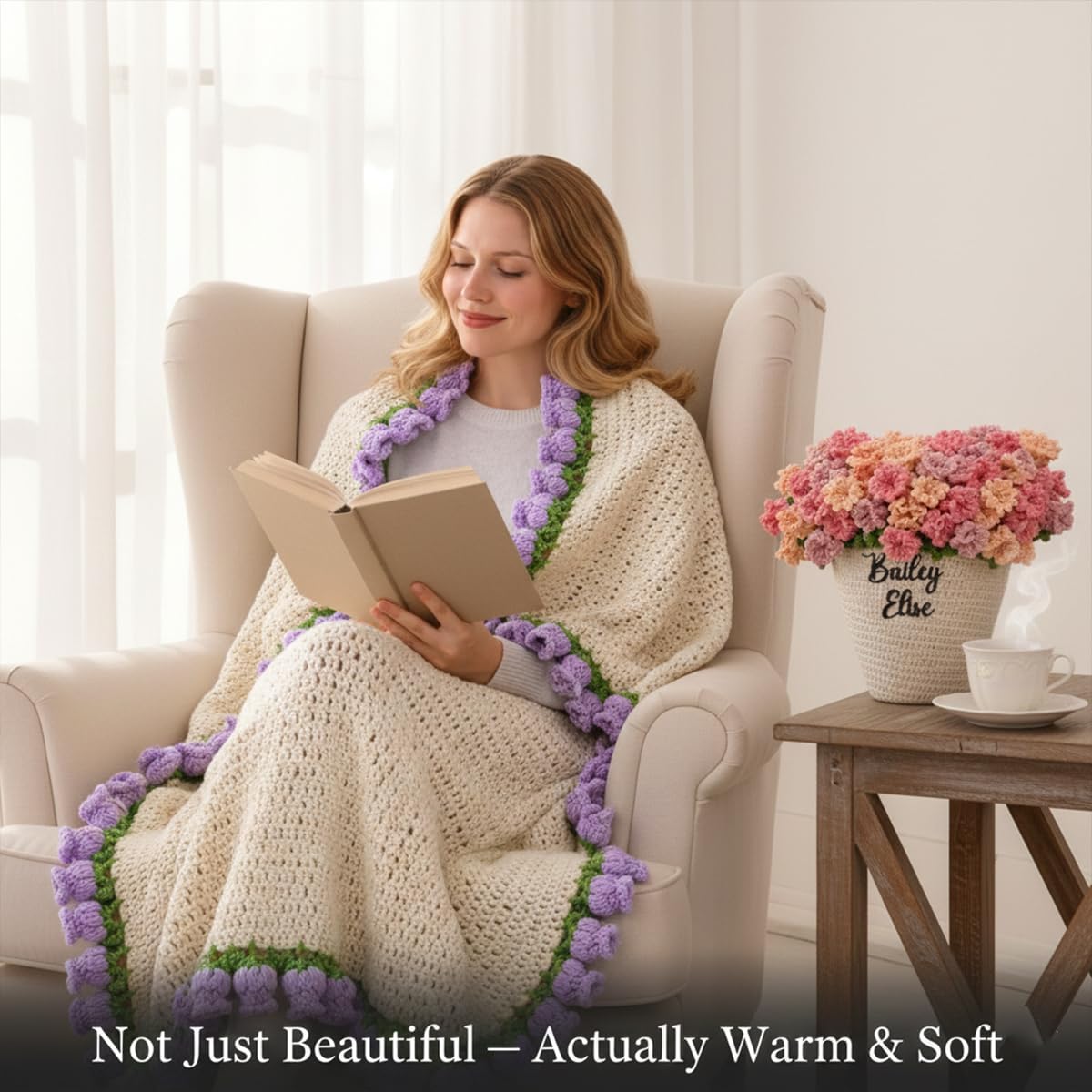 Personalized Crochet Flower Blanket Gift – Custom Crochet Flower Bouquet Blanket with Name, Finished Crochet Lily of the valley Gift For Mom, Mother'day, Valentine’s Day, Graduation Gift