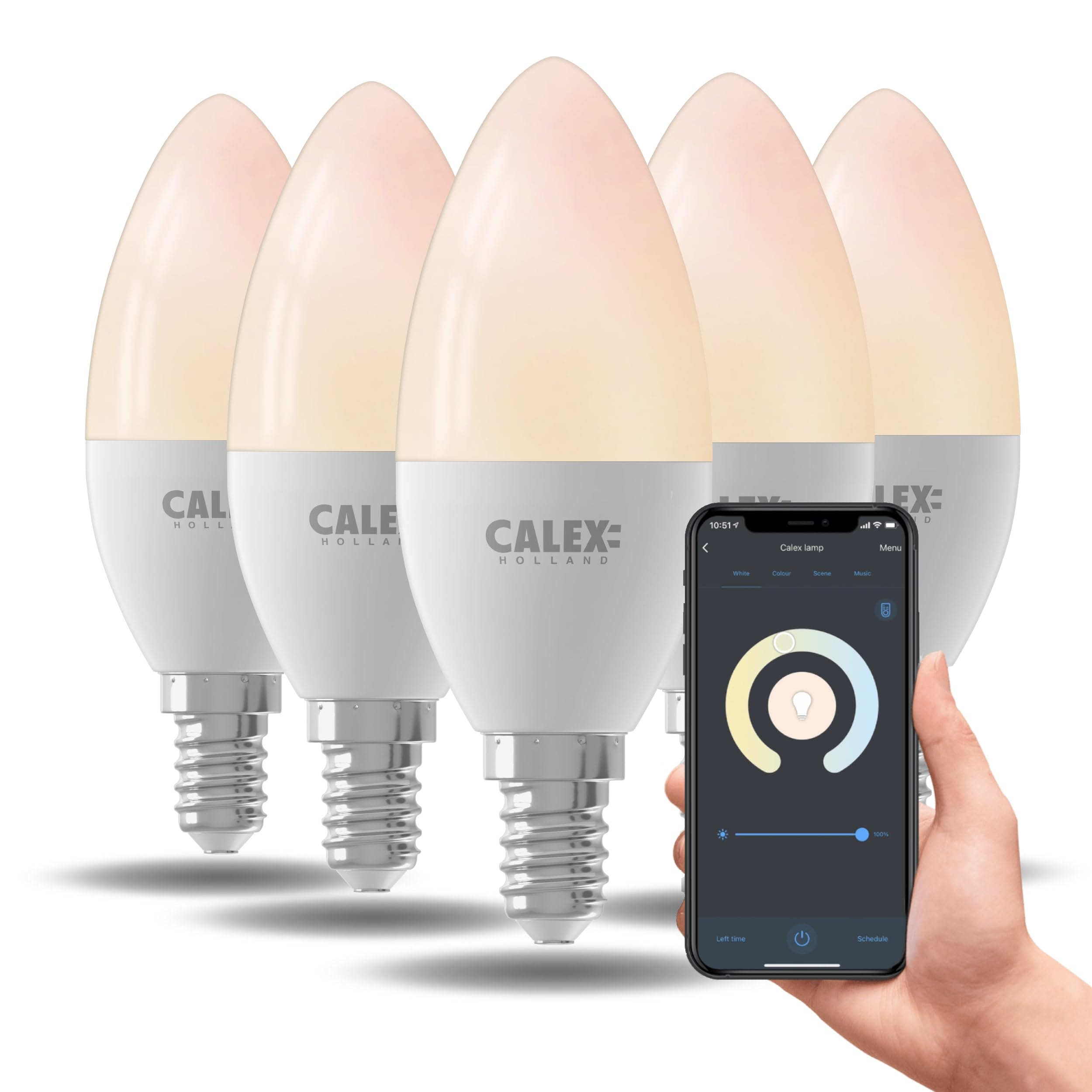 CALEX Bombilla LED Inteligente E14 Vela, Blanca Cálida, WiFi App, pack de 5 | Luz blanca cálida regulable para el hogar, con control por voz mediante Alexa, Google Home o Siri