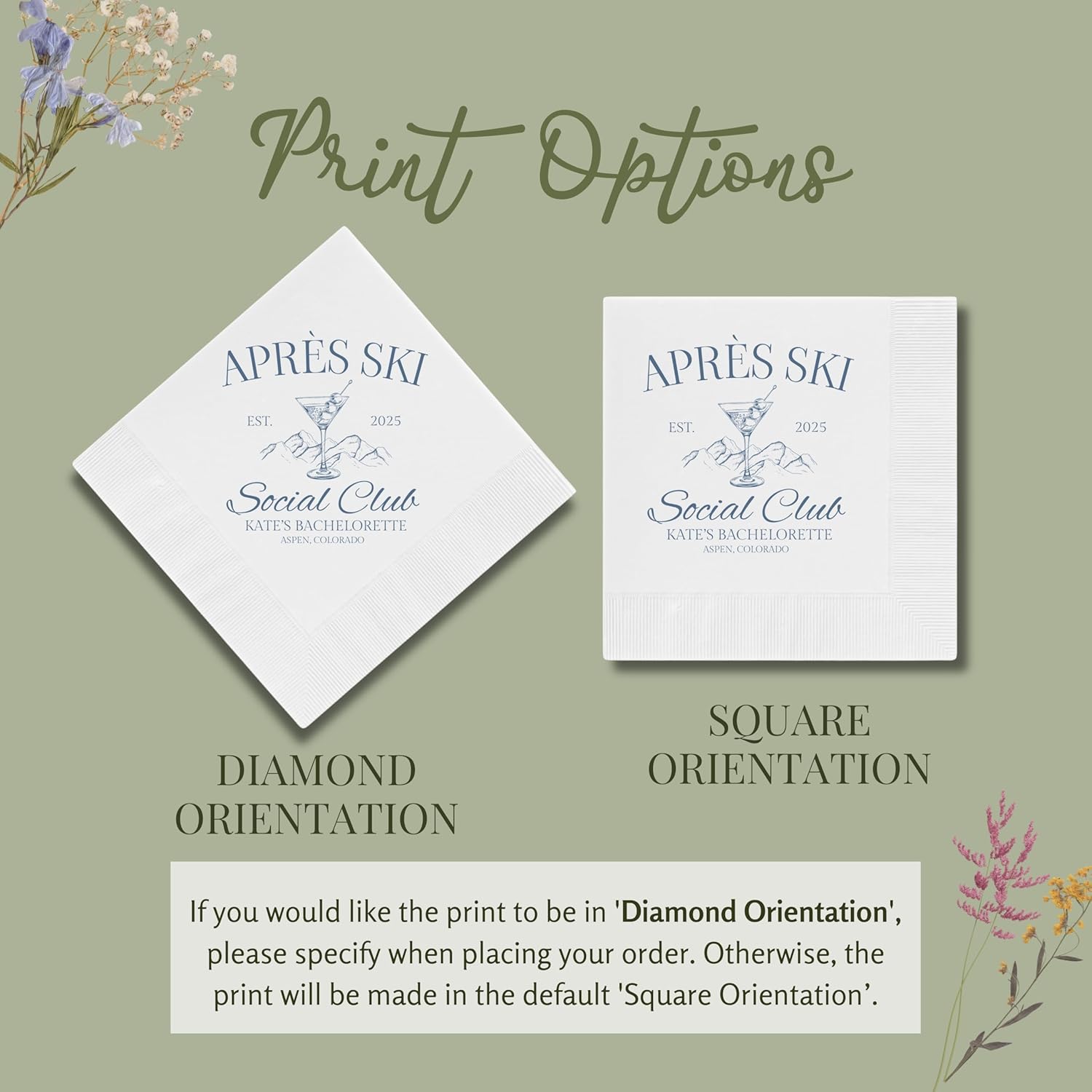 Apres Ski Napkins Custom Bachelorette Party Favor Personalized Ski Cocktail Napkins Winter Wedding Napkins 50 pieces