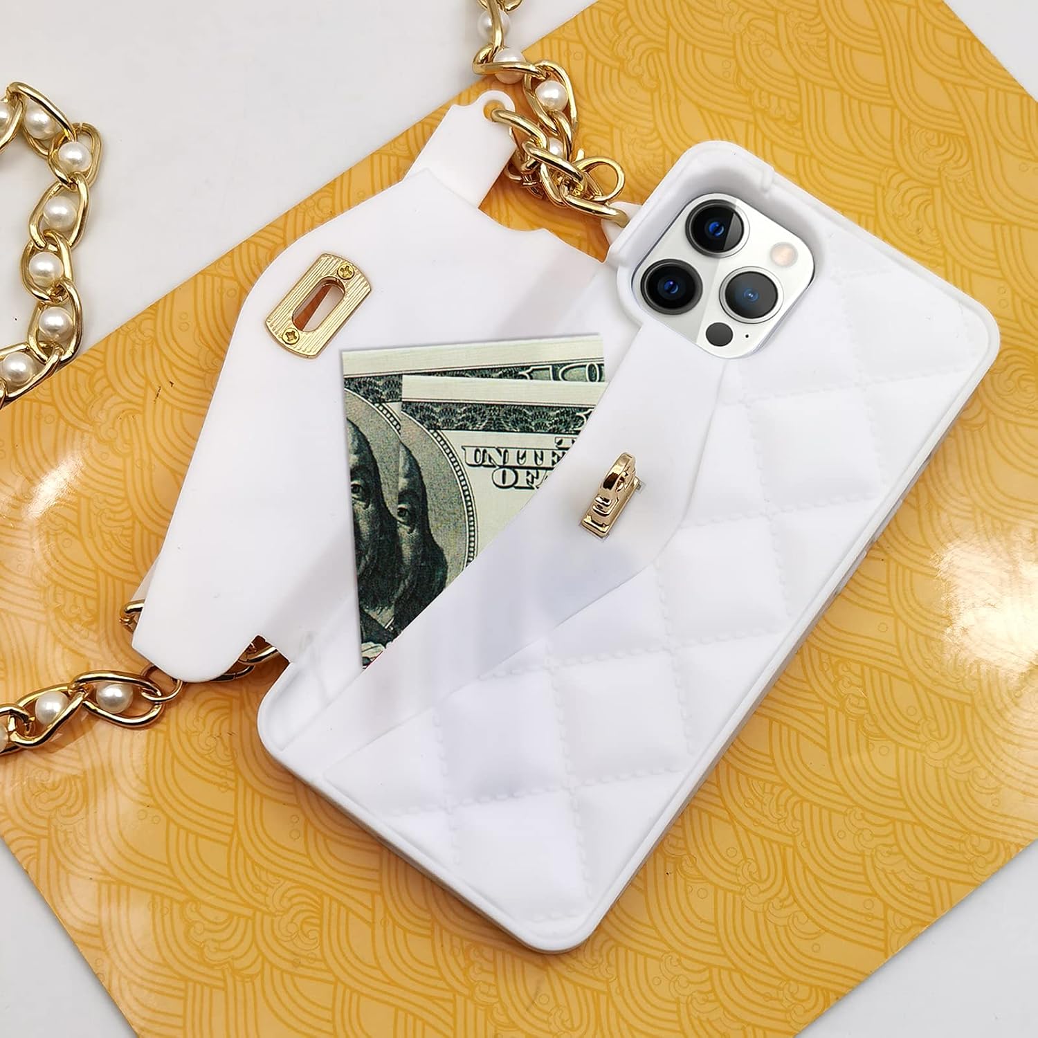 Omio for iPhone 16 Pro Max Wallet Case with Card Holder Luxury Chain Case with Long Pearl Shoulder Crossbody Lanyard Wrist Strap Soft Silicone Handbag Cover for iPhone 16 Pro Max Women Girls White - Image 2