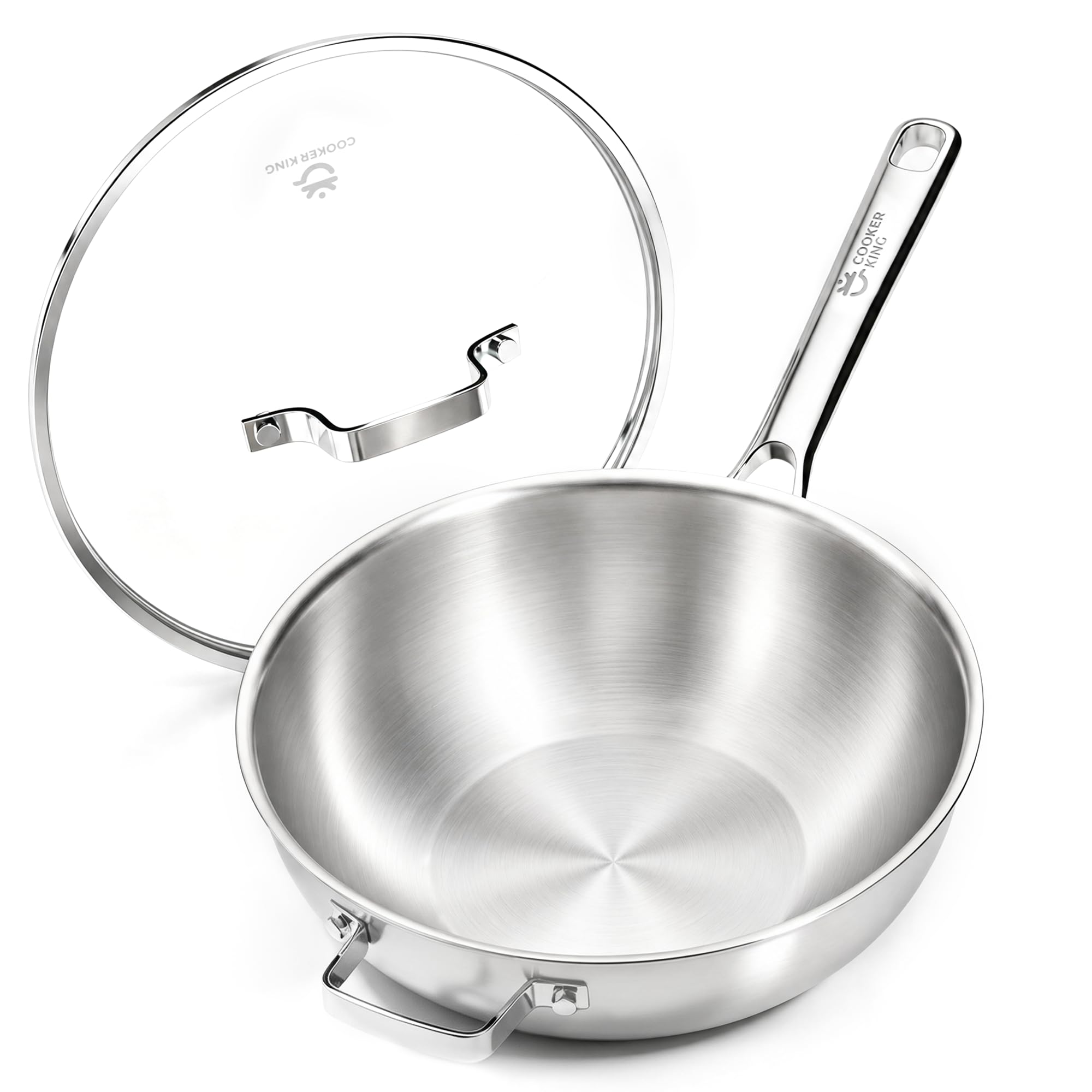 COOKER KING 11" Wok Pan with Lid, Stainless Steel Deep Skillet for Stir-Fry