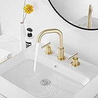 Vista 8 de GGStudy Caño giratorio de 360°, 2 asas, 3 agujeros, 8 pulgadas, grifo de lavabo de baño de oro cepillado a juego con drenaje desplegable