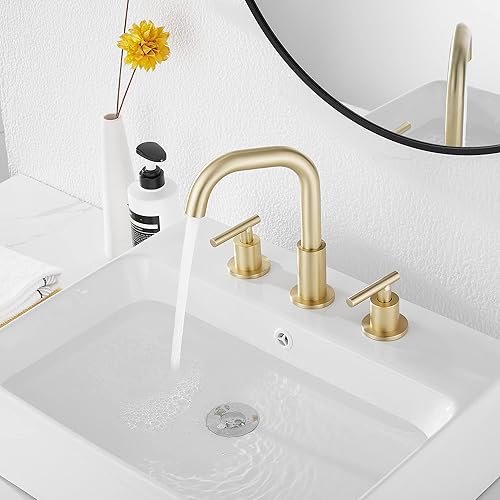 Miniatura 8 de GGStudy Caño giratorio de 360, 2 asas, 3 agujeros, 8 pulgadas, grifo de lavabo de baño de oro cepillado a juego con drenaje desplegable