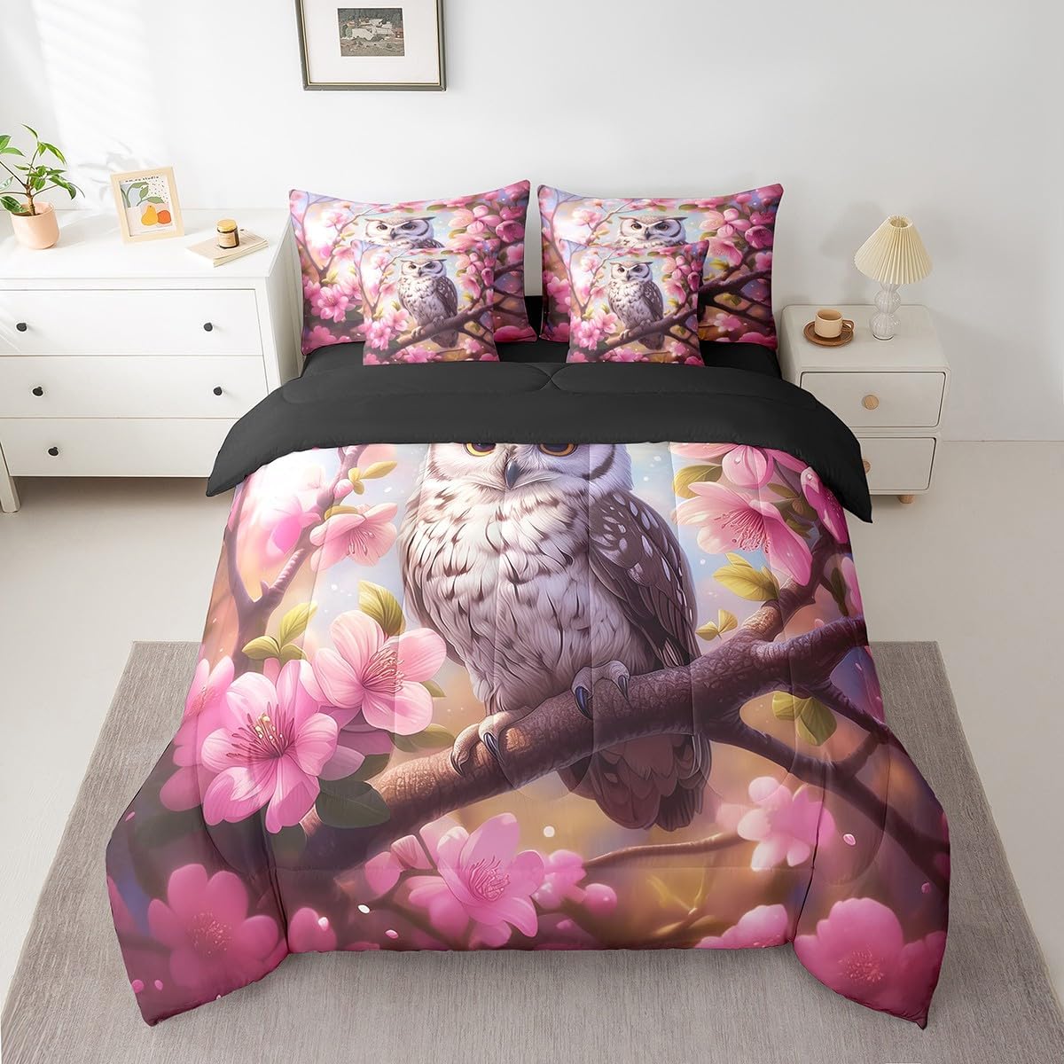 Manfei Cute Owl Comforter Set Blooming Flowers Rustic Bedding Set Queen Size 7 Pcs,Cartoon Wild Animal Bed Set for Room Decor Bed in a Bag with Comforter,Sheets,Pillowcases & Cushion Cover