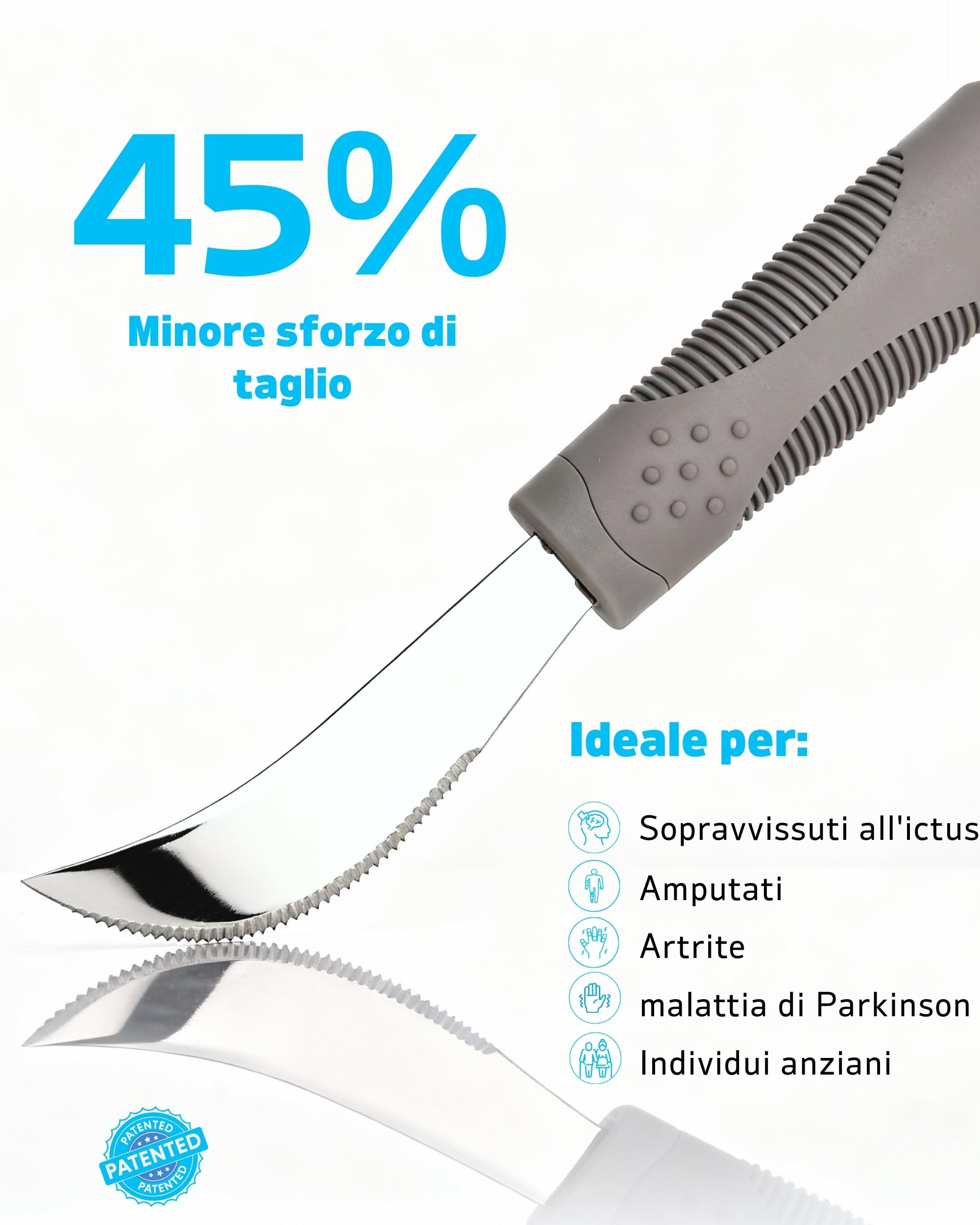 Set Posate Adattive Pesate 142g Argenteria Moderatamente Pesata per Tremore alle Mani Parkinson – Coltello a Dondolo, Cucchiaio Pala, Impugnatura Ergonomica (Grigio)