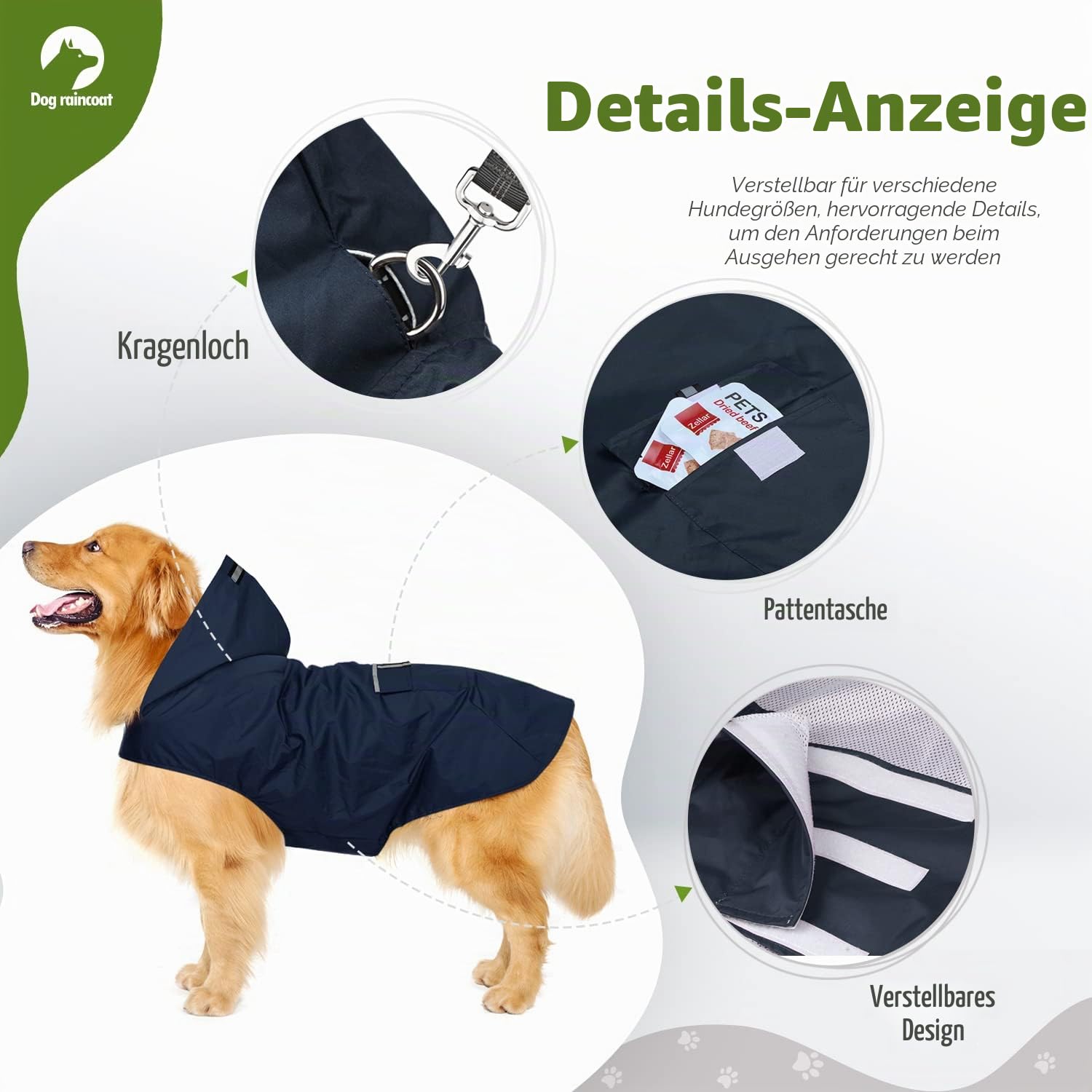 Zellar Hunderegenmantel mit Kapuze & Kragenloch & Sicheren Reflektierenden Streifen, Ultraleichte Atmungsaktive 100% wasserdichte Regenjacke für Mittelgroße bis Große Hunde, Blau, 6XL