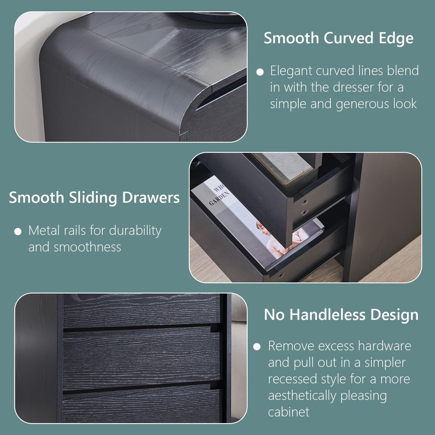 25" Tall Modern Nightstand with Charging Station, 23.6'' Wide Wood Bedside Table w/3 Storage Drawers, Small Dresser w/Curved Profile Design, End Table for Bedroom, Black