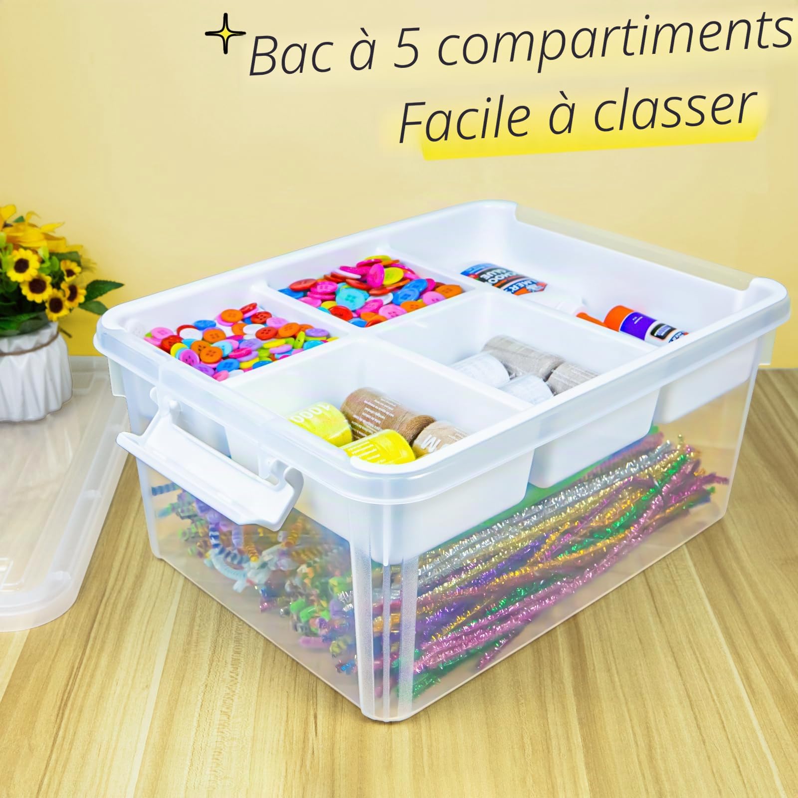 Creahaus Boîte de rangement multifonction de 17 l avec plateau amovible, boîte de rangement en plastique avec compartiments, étui de rangement portable pour couture, perles, médicaments, outils