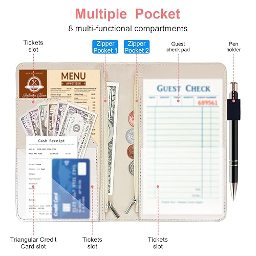 Miniatura 3 de Libreta de servidor con 2 bolsillos con cremallera, cubierta floral de cuero, organizador de libros para camarera, bonita cartera de dinero con