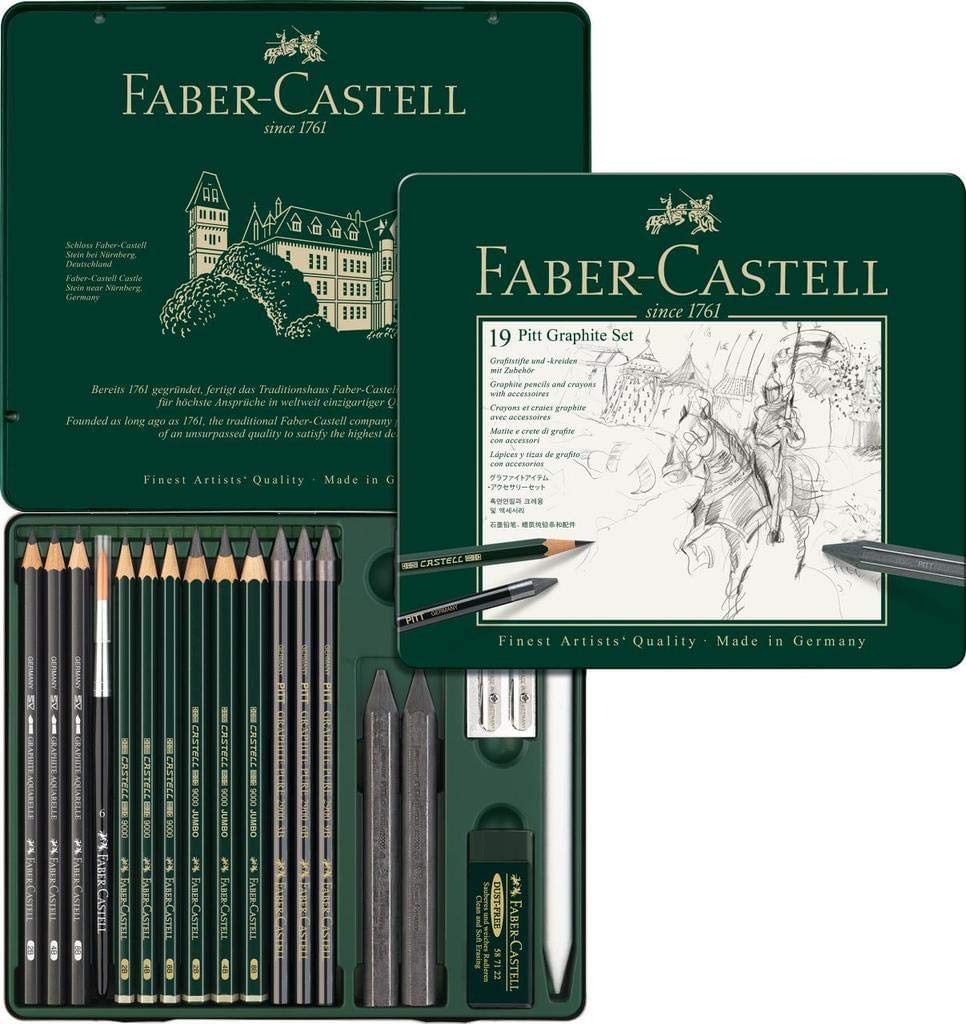 Faber-Castell - Pitt Graphite Set im Metalletui, medium, 19 + 3 -teilig (inklusive Radierstift mit Pinsel, Papierwischer und Minenschärfblock)