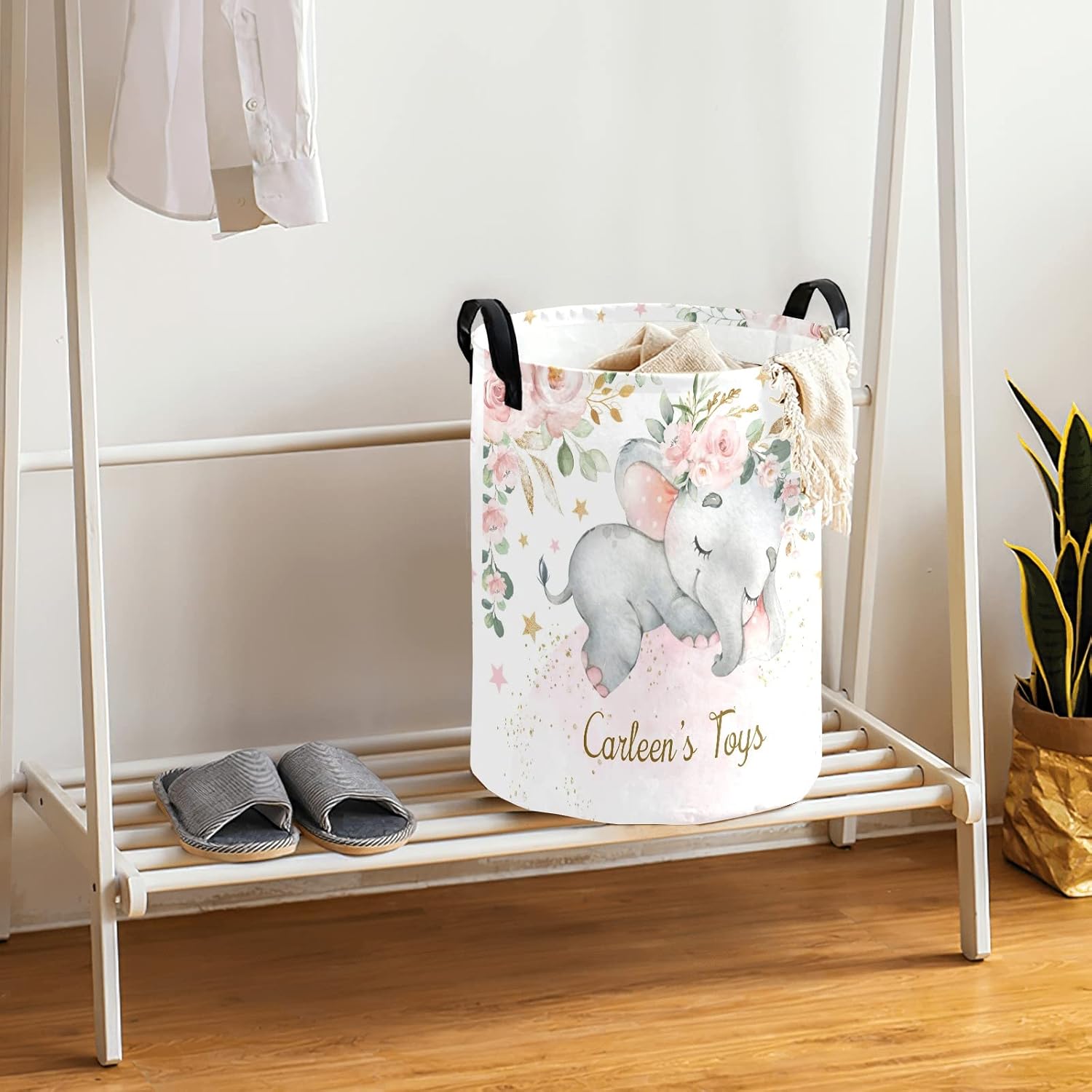 Personalized Laundry Basket, Pink Floral Elephant Custom Storage Bins Laundry Hamper with Name Collapsible Toys Organizer