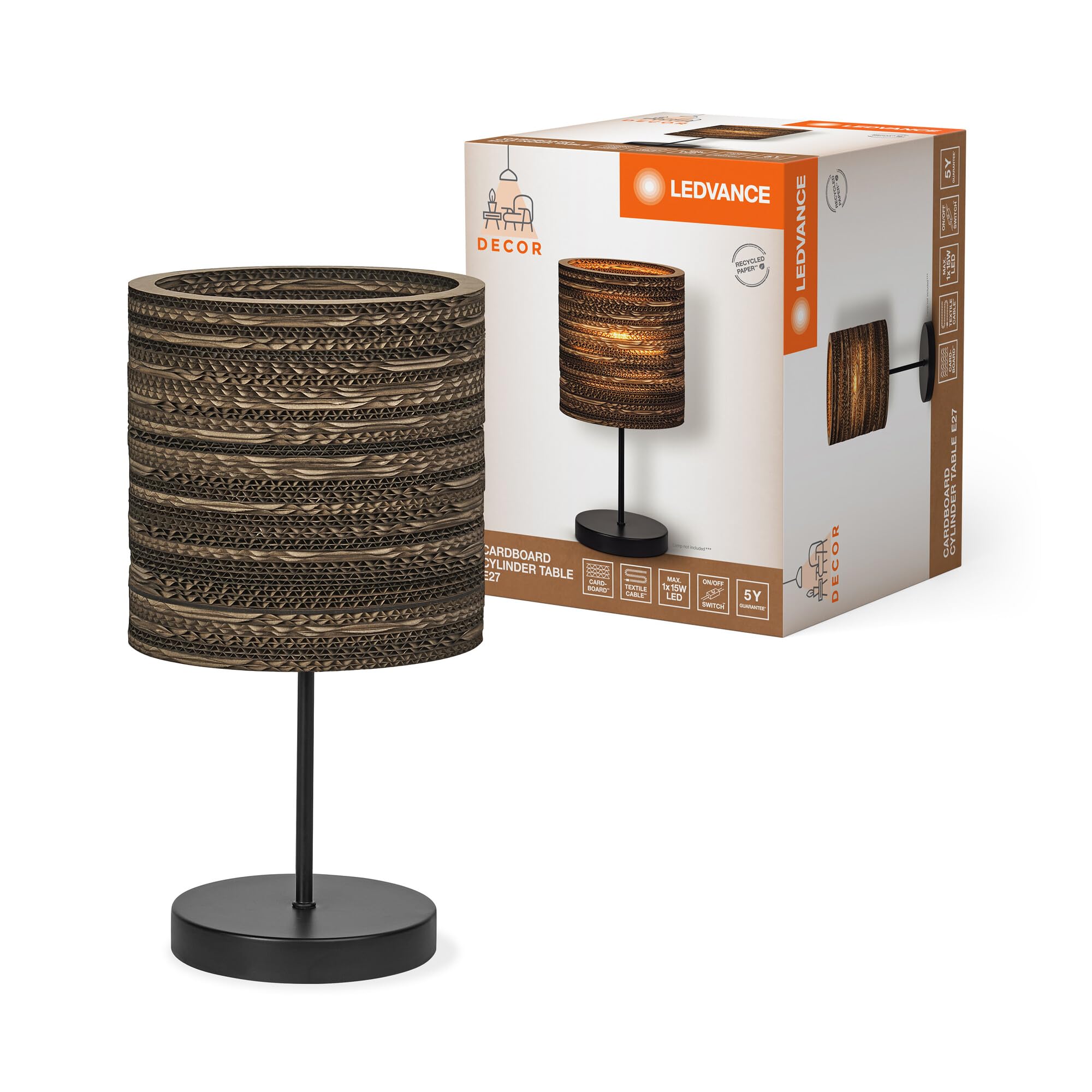 LEDVANCE Decor Cardboard Cilindro marrón de cartón ondulado, E27, 200 mm de diámetro, pantalla de material reciclado, sostenible gracias a la fuente de luz reemplazable, fácil de instalar