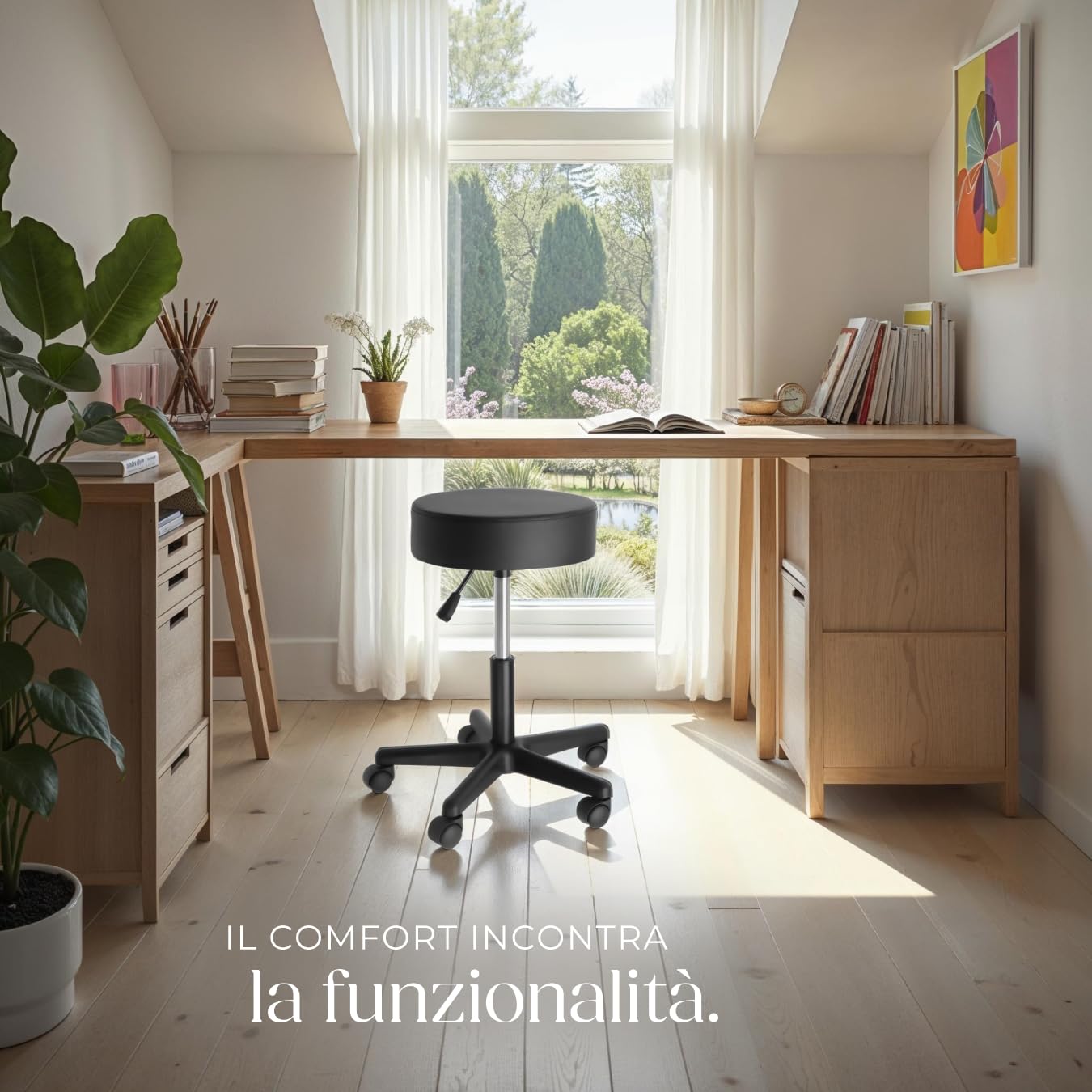 tectake® Sgabello Con Ruote, Girevole 360°, Regolabile in Altezza da 48 a 63 cm, Base con 5 Ruote Doppie, Seduta Imbottita 10 cm, Similpelle, Design Salvaspazio - Nero