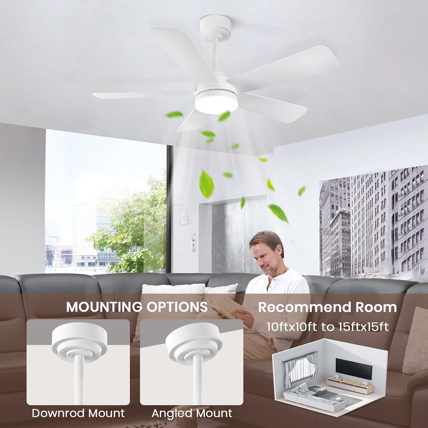 GESUM 40 Inch Ceiling Fans with Lights, Outdoor Ceiling Fan with APP and Remote Control, Reversible, 6 Speeds, 3CCT Dimmable, White Ceiling Fan with Light for Living Room Bedroom (White)