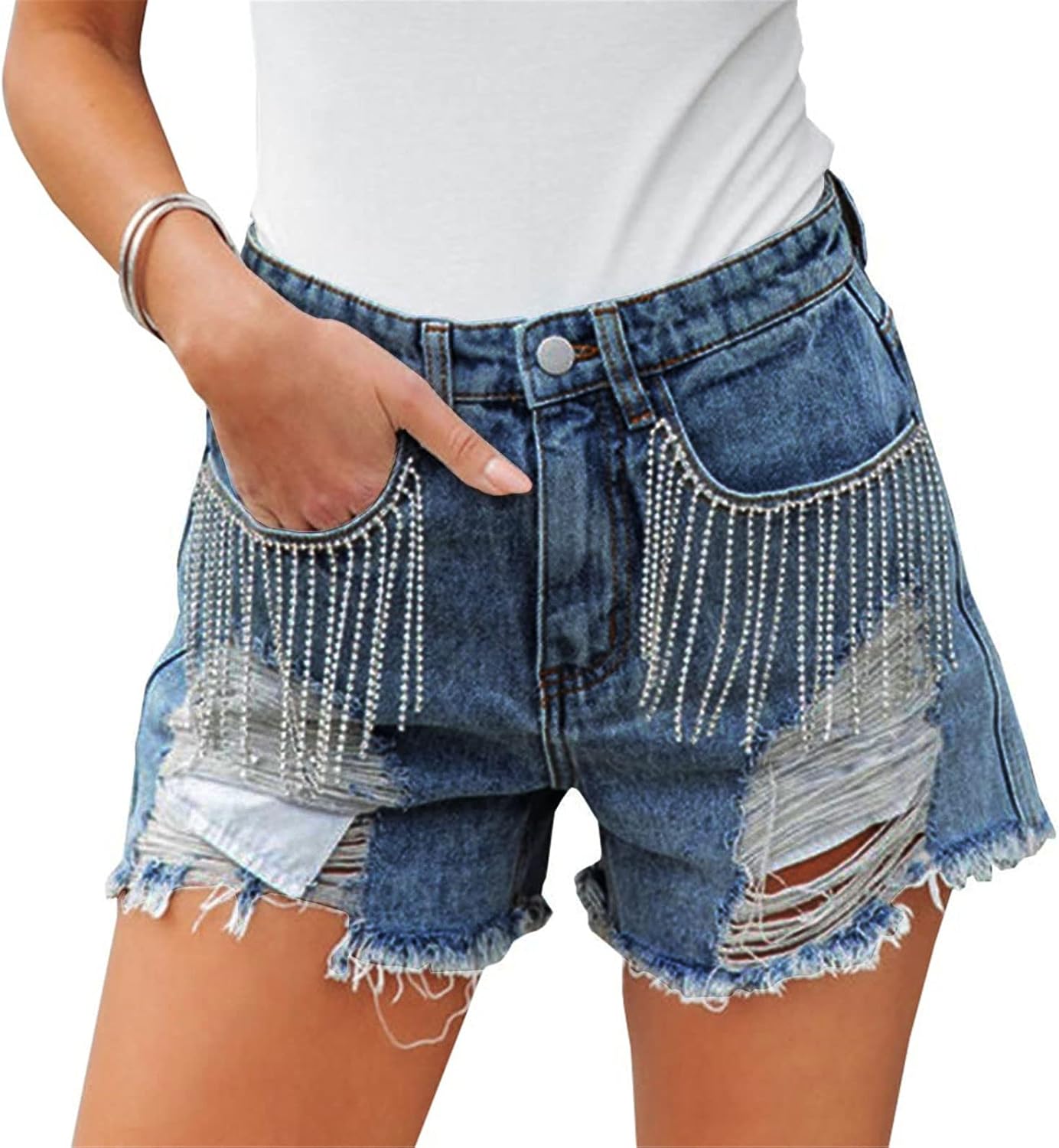 CYLADY Women Mid Rise Ripped Stretchy Jeans Frayed Raw Hem Casual Tassels Denim Shorts