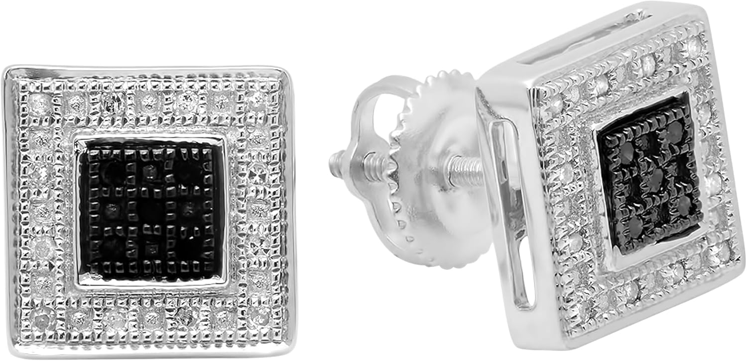 Dazzlingrock Collection 0.15 Ctw Round White & Black Natural Diamond 9.5mm Square Micropave Hip Hop Iced Out Studs, Unisex Design Ladies,Mens Real Diamond Earrings