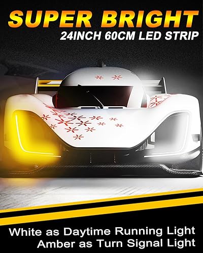 Miniatura 6 de Qasim Tira de luz de circulación diurna de 24 pulgadas, 23.6 in, escaneo de inicio, flujo secuencial blanco y amarillo, tira de luz de señal de giro
