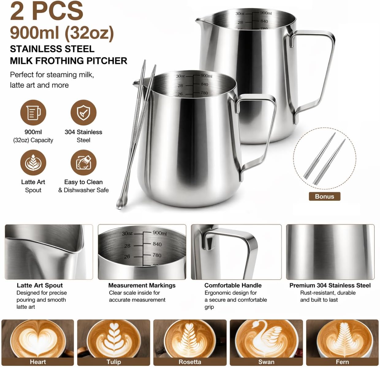 2 Pack Milk Frothing Pitcher 32oz Milk Steamer Cup Espresso Steaming Pitcher Coffee Bar Accessories Milk/Coffee/Cappuccino/Latte Art Steam Pitchers Milk Jug Cup