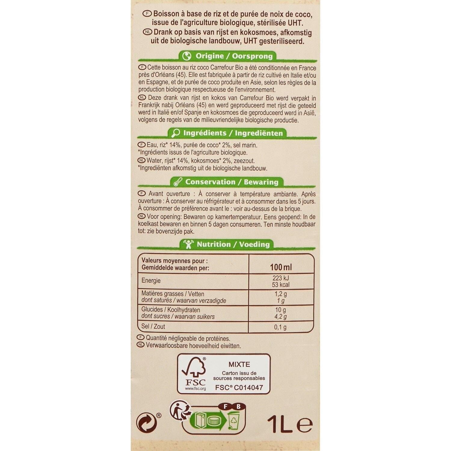 Variez vos plaisirs avec la boisson végétale riz coco CARREFOUR BIO, format 1L pratique au quotidien - Lot de 4
