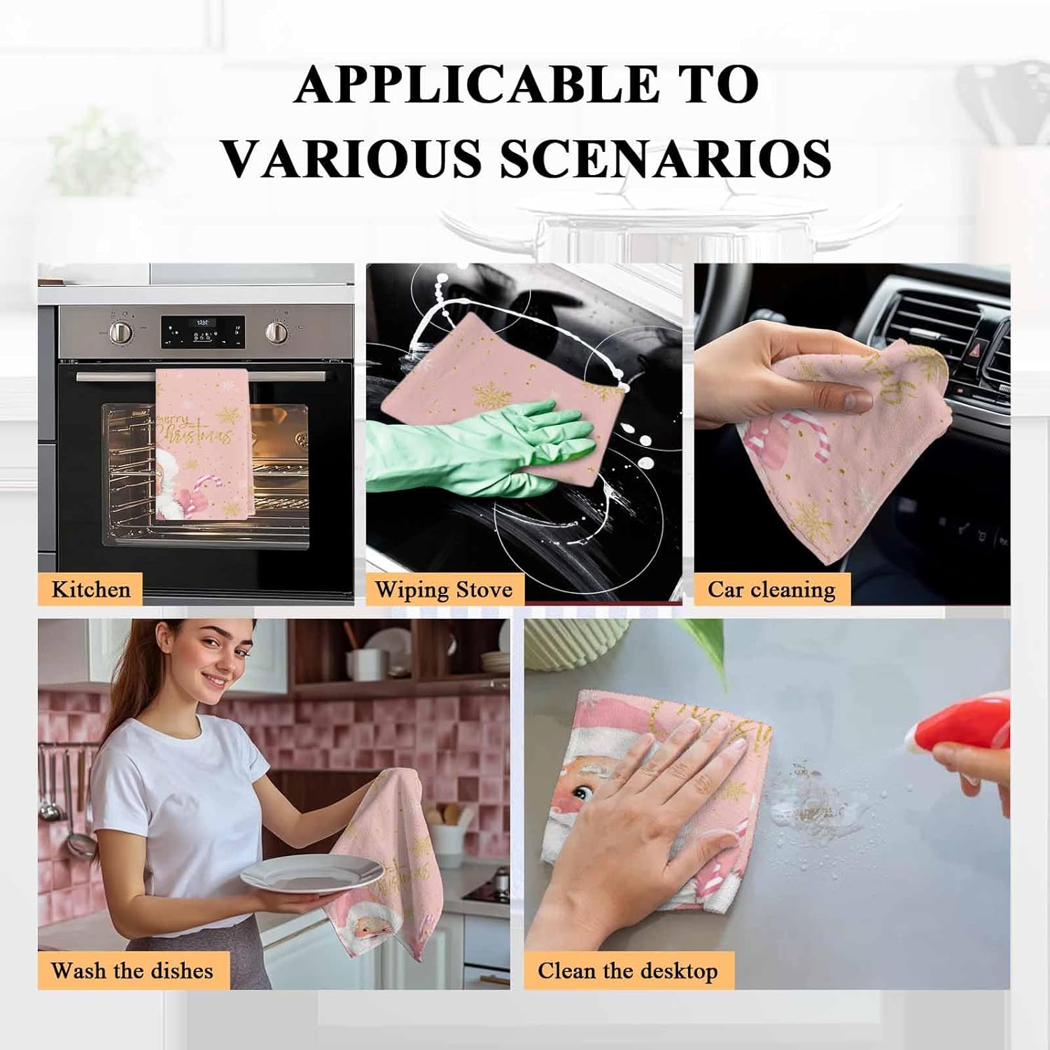 Christmas Pink Santa Kitchen Towels,Absorbent Microfiber Kitchen Dish Hand Tea Bath Towel,Quick Dry Cleaning Cloth Dishclothes Decorative Sets, Merry Christmas Gold Winter Snowflake (4-PC, 18x28)