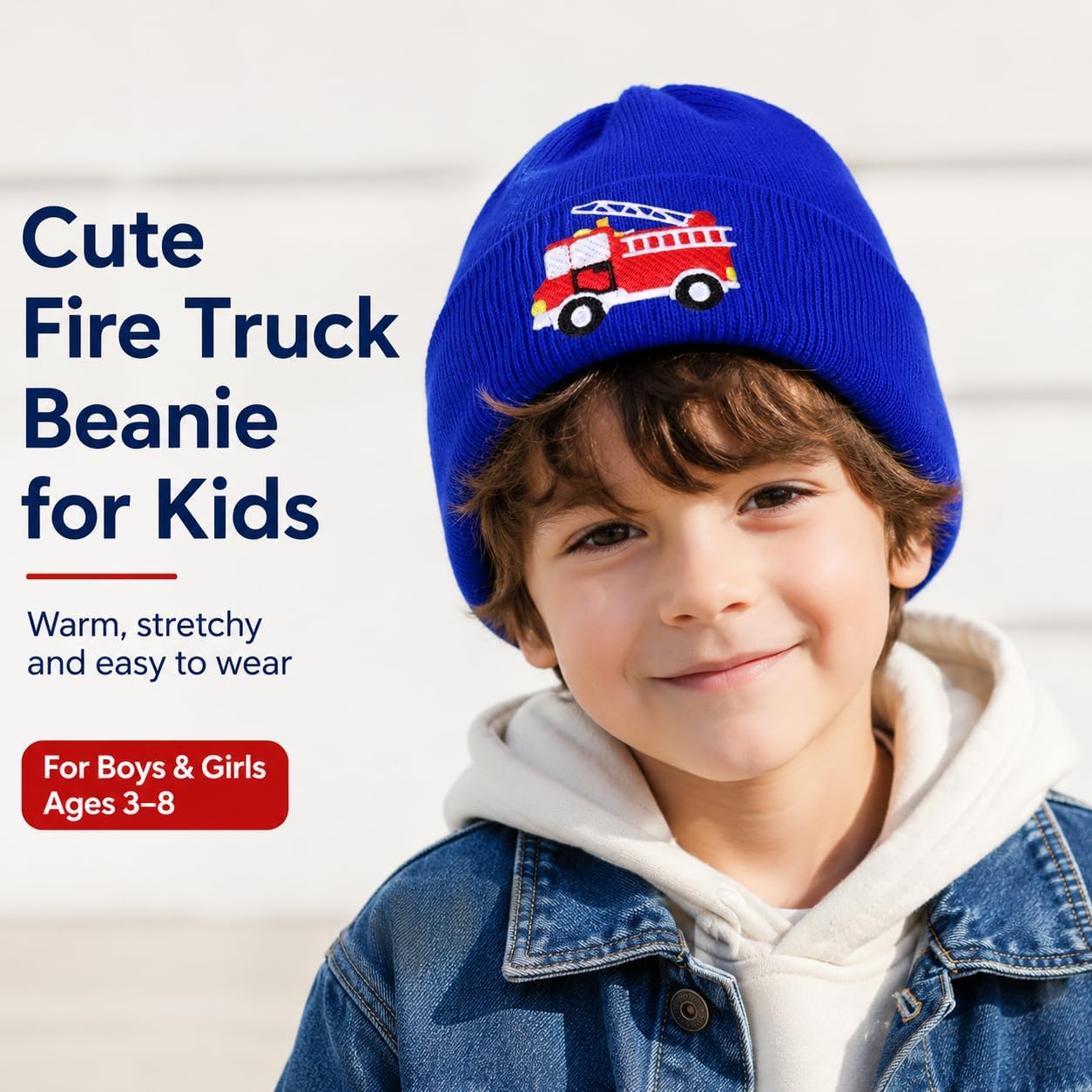 Kids Knit Beanie Cute Fire Trucks Embroidery Warm Cuffed Skull Caps Classic Autumn Winter Hats for Boys Girls 3-8 Years